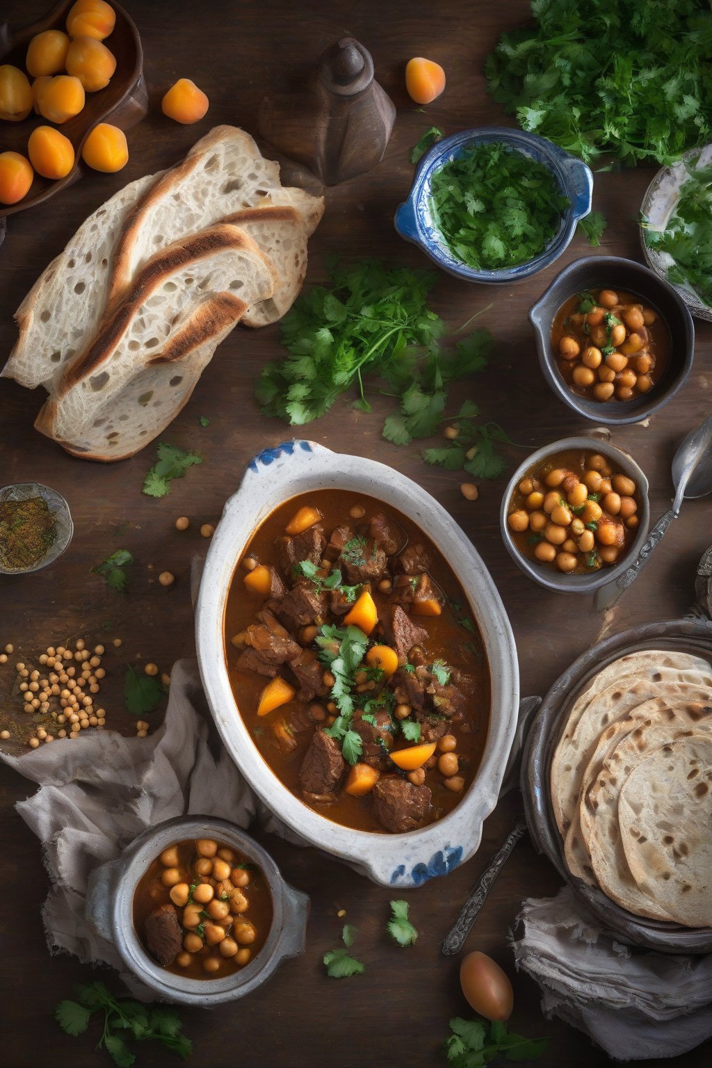A high-resolution photo of Moroccan beef stew with chickpeas and apricots garnished with cilantro, under soft lighting.