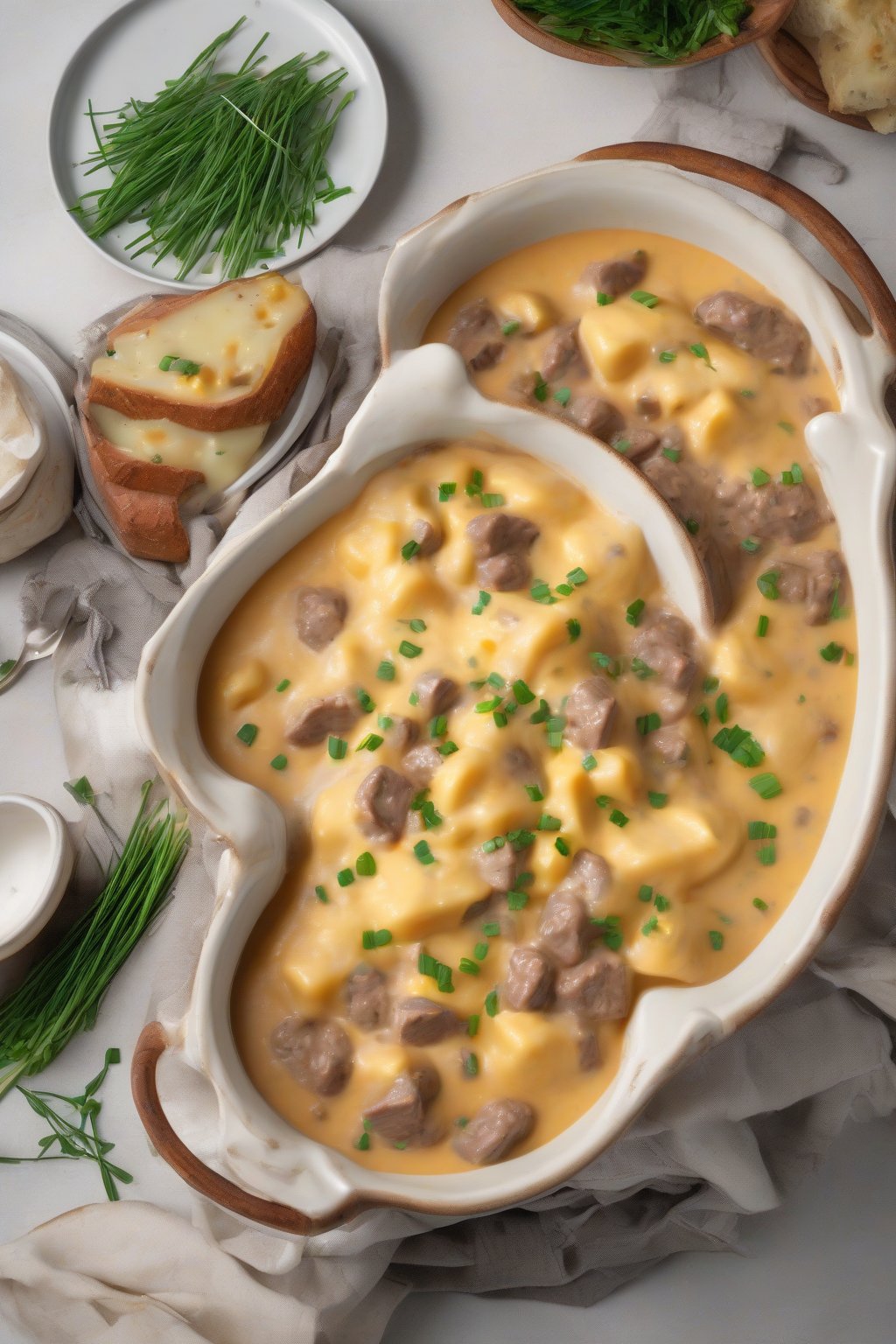 A high-resolution photo of creamy potato beef stew topped with melted cheddar and chives, under soft lighting.