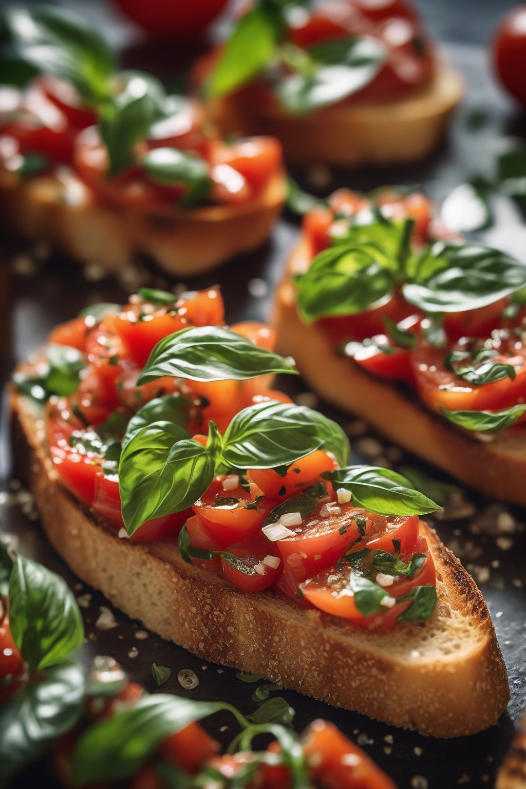 A high-resolution photo of classic tomato and basil bruschetta on golden grilled bread, topped with glistening diced tomatoes and basil leaves, under soft lighting.