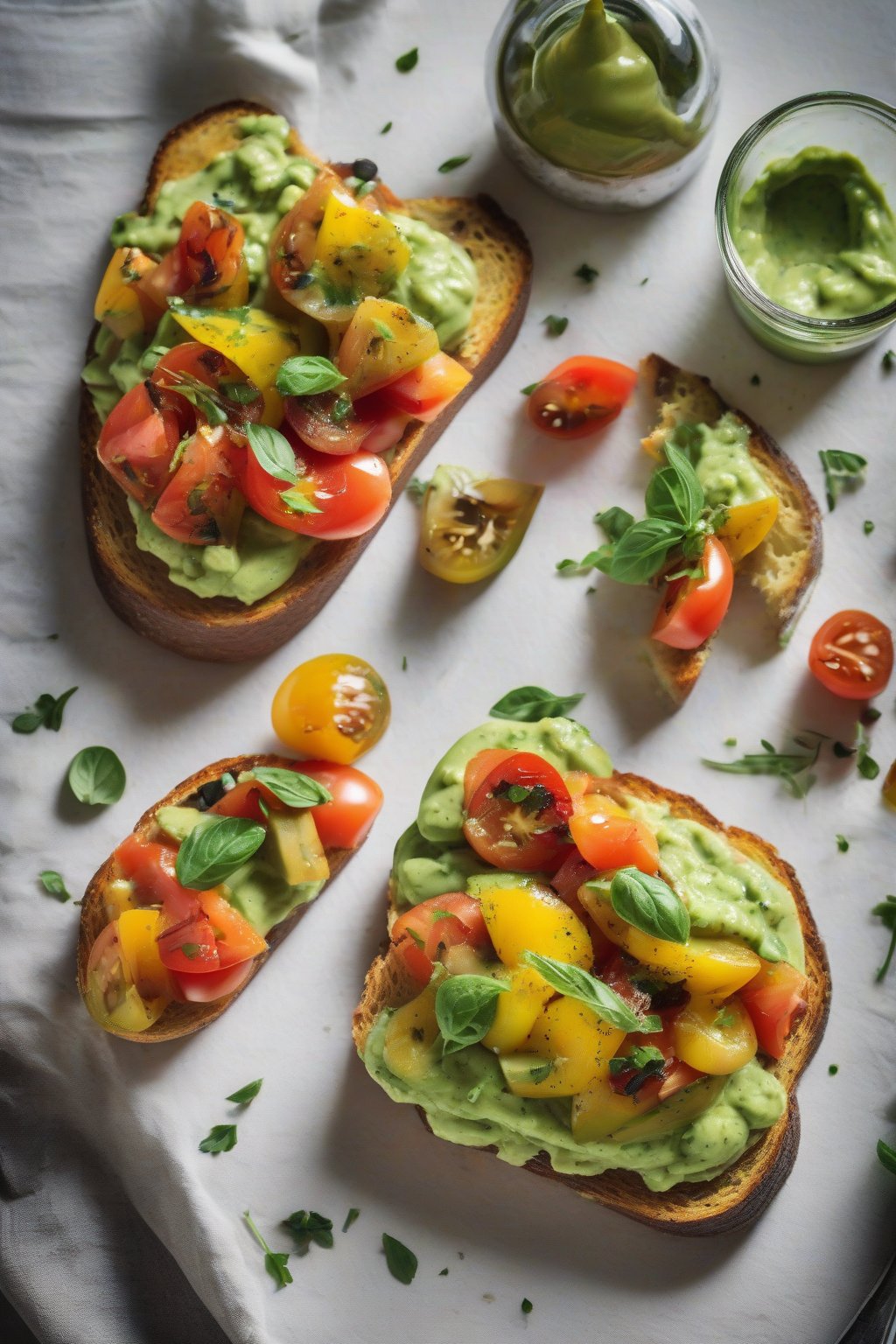 A high-resolution photo of avocado and heirloom tomato bruschetta, with creamy green mash and colorful tomato chunks on toasted slices, under soft lighting.