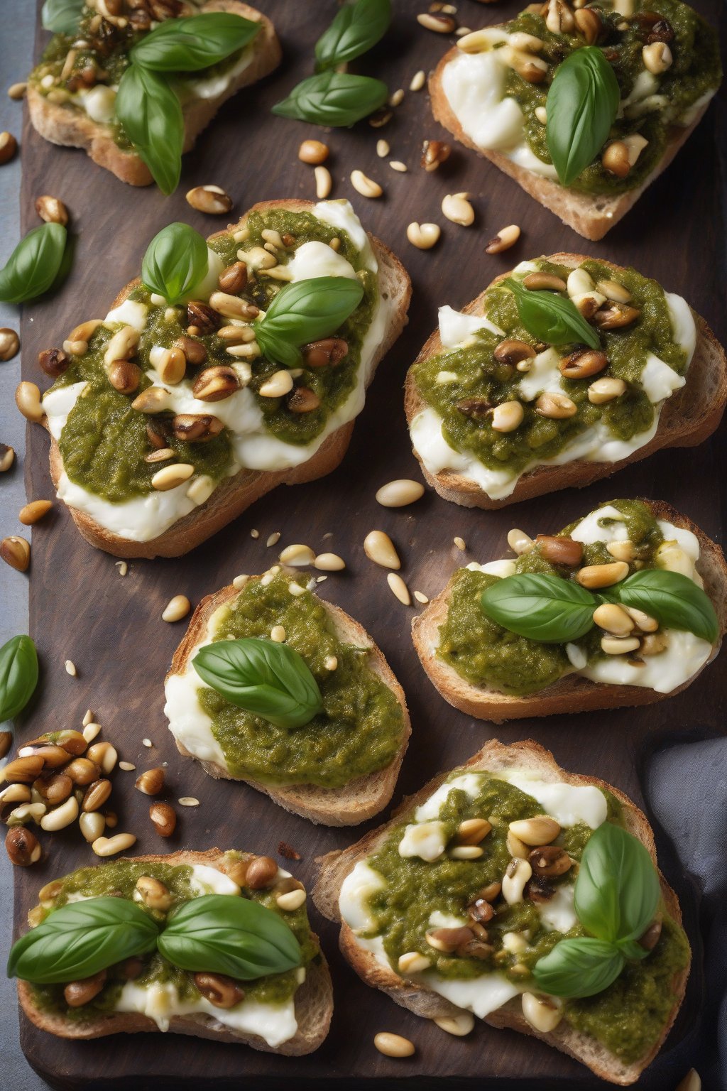 A high-resolution photo of pesto and mozzarella bruschetta, oozing cheese over green pesto on crisp bread, garnished with pine nuts, under soft lighting.