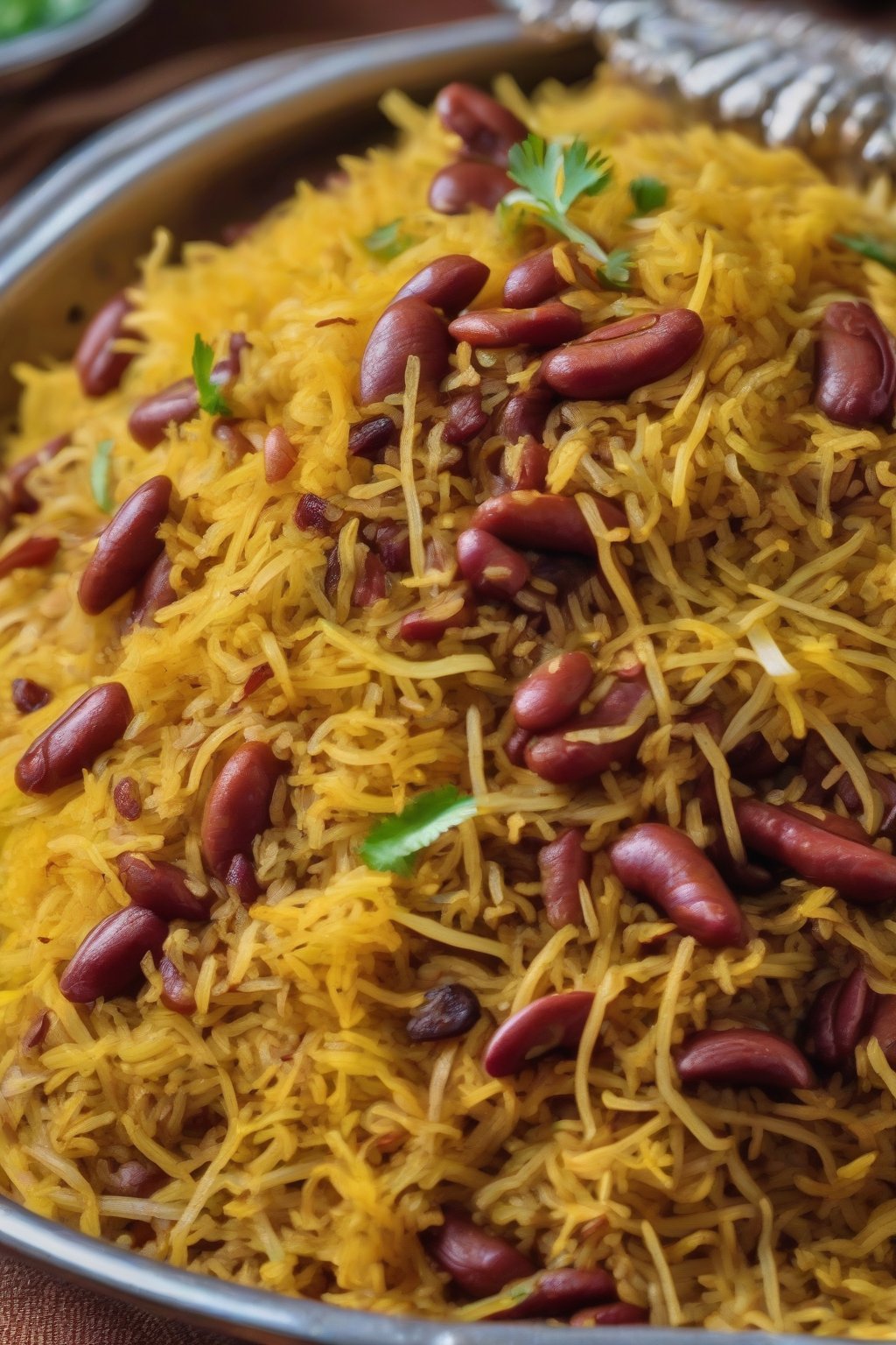A close-up photo of fluffy rajma biryani with saffron streaks and fried onions, steam rising, under soft lighting.