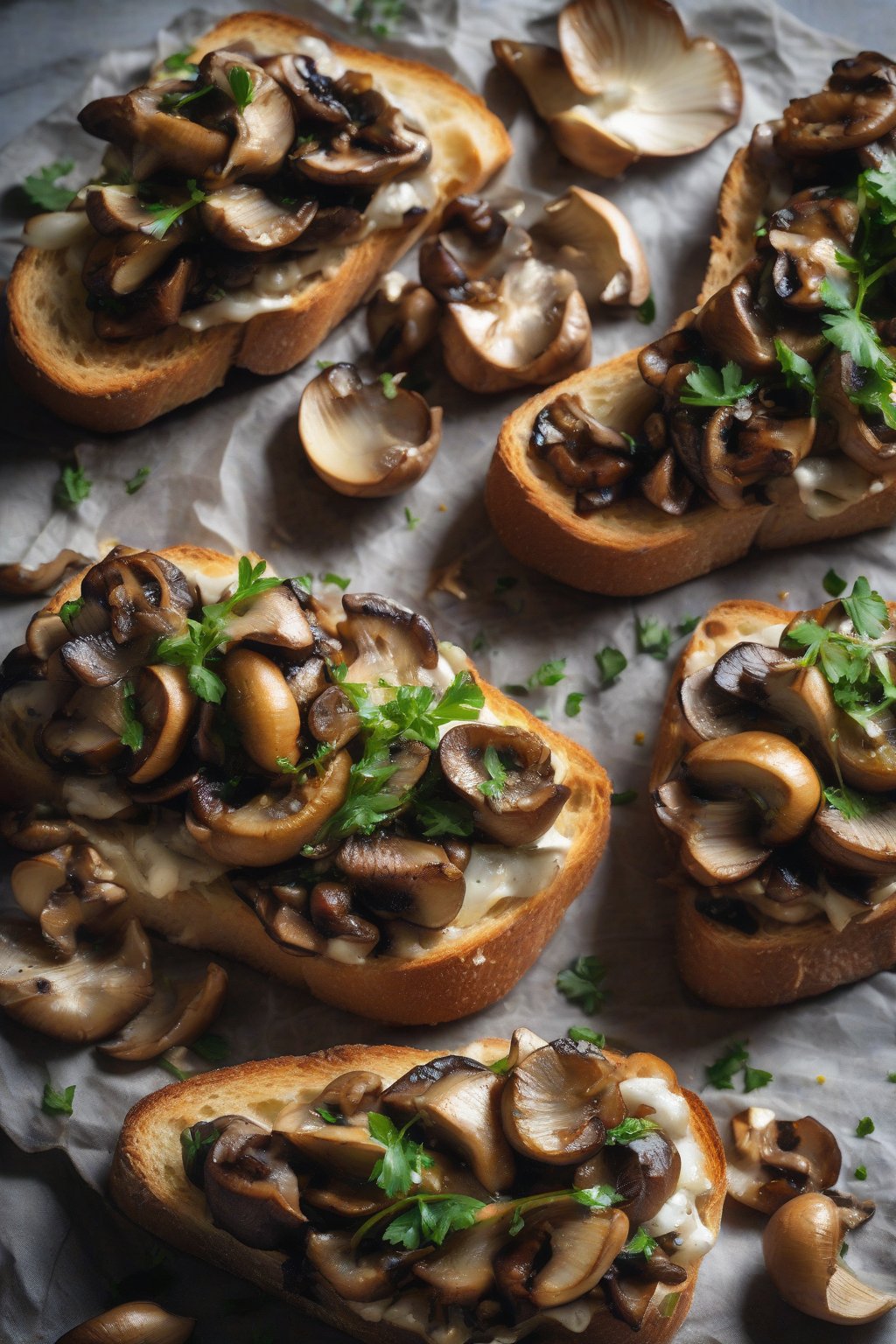 A high-resolution photo of roasted garlic mushroom bruschetta, with caramelized mushrooms and golden garlic on rustic bread, under soft lighting.