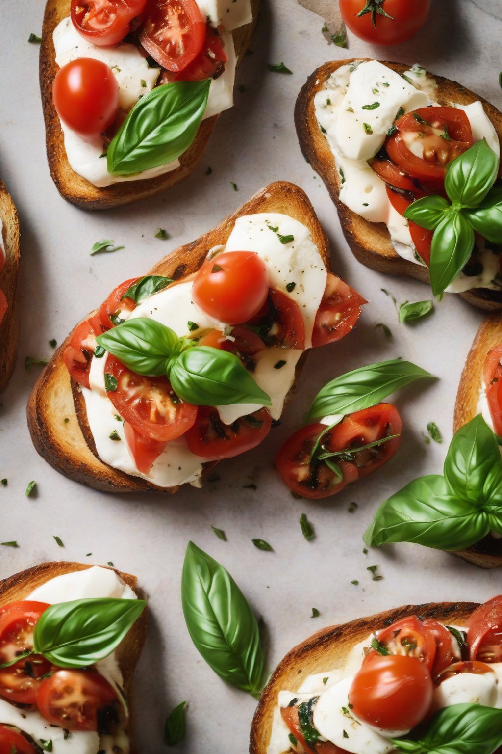 A high-resolution photo of caprese bruschetta stacked with red tomato slices, white mozzarella, and green basil on grilled toasts, under soft lighting.