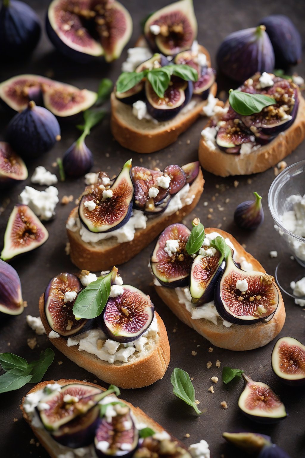 A high-resolution photo of fig and goat cheese bruschetta, with juicy purple figs and creamy white cheese crumbles on warm bread, under soft lighting.