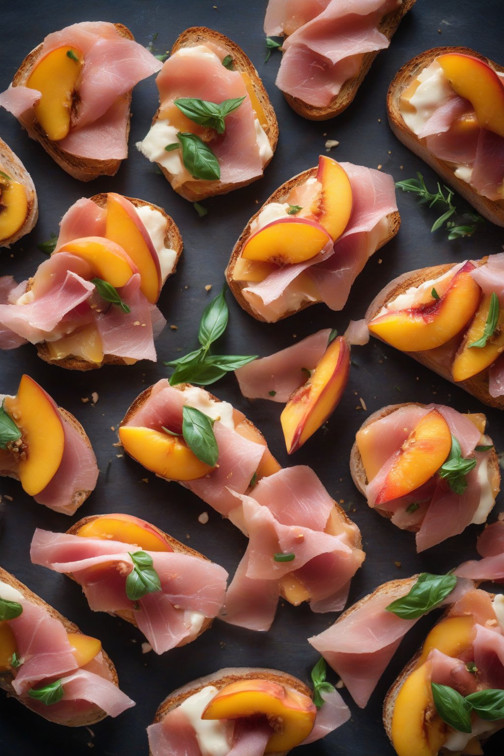 A high-resolution photo of peach and prosciutto bruschetta, featuring pink prosciutto wrapping golden peach slices on toasted bread, under soft lighting.