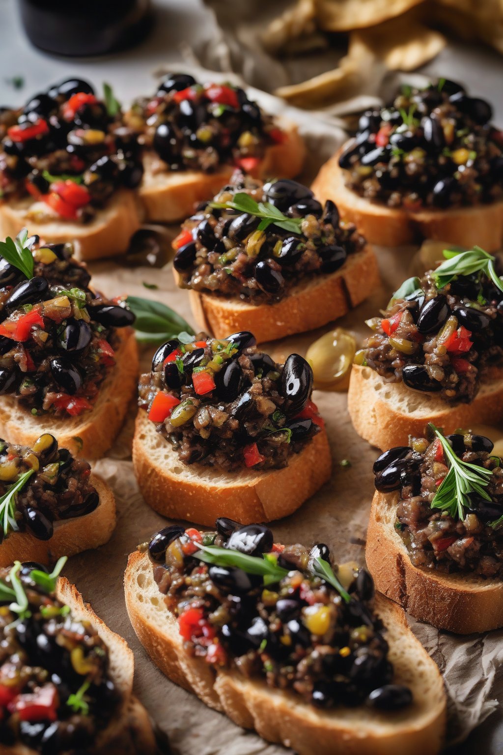 A high-resolution photo of black olive tapenade bruschetta, with glossy dark spread piled high on golden bread slices, under soft lighting.