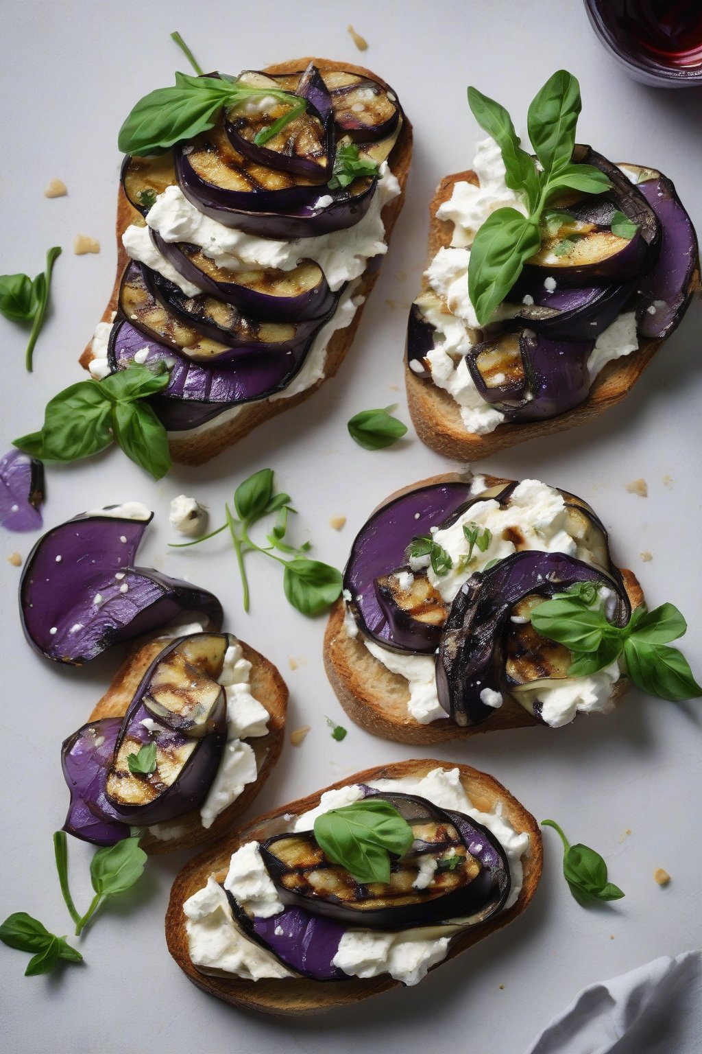 A high-resolution photo of grilled eggplant and ricotta bruschetta, with charred purple slices over white ricotta on crisp bread, under soft lighting.