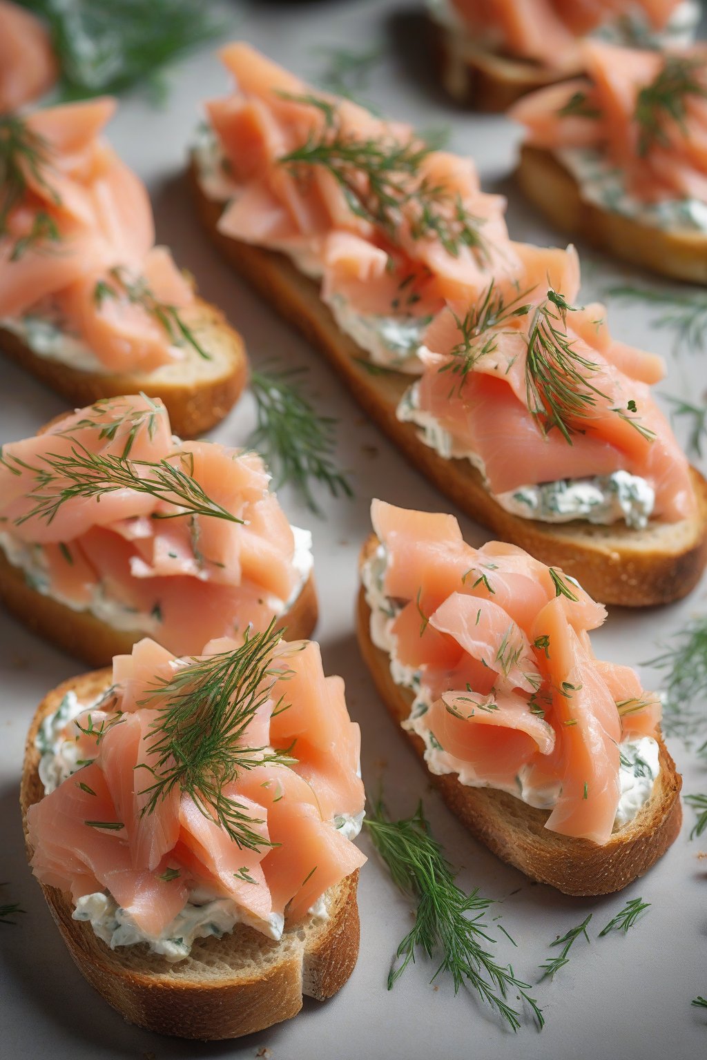 A high-resolution photo of smoked salmon and dill cream cheese bruschetta, with pink salmon curls and creamy spread on toasted rounds, under soft lighting.