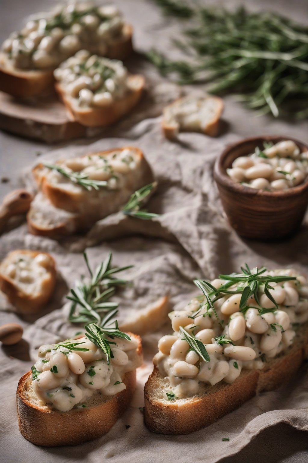 A high-resolution photo of white bean and rosemary bruschetta, creamy beige mash flecked with green herbs on rustic bread, under soft lighting.