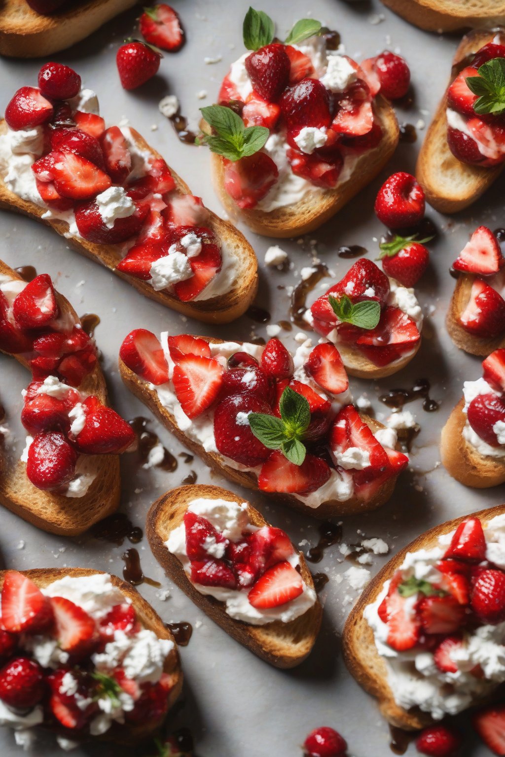 A high-resolution photo of strawberry balsamic bruschetta, bright red berries glistening over white ricotta on golden toast, under soft lighting.