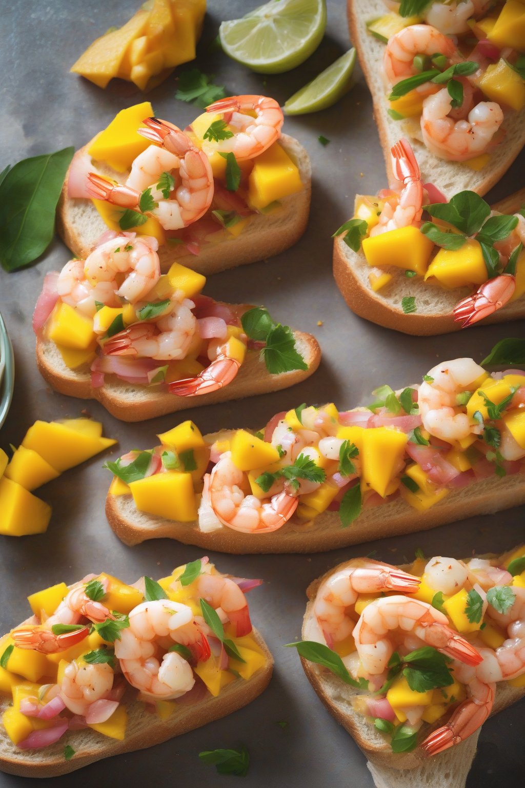A high-resolution photo of shrimp and mango bruschetta, with pink shrimp and orange mango chunks on fresh bread, under soft lighting.