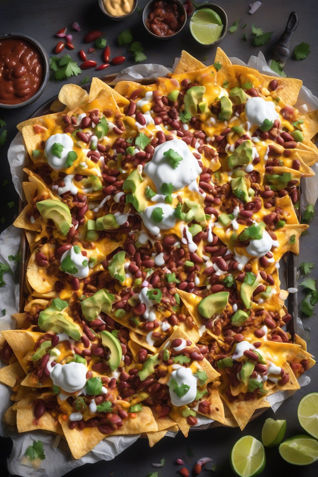 A high-resolution photo of loaded cheesy rajma nachos with molten cheese and vibrant toppings, under soft lighting.