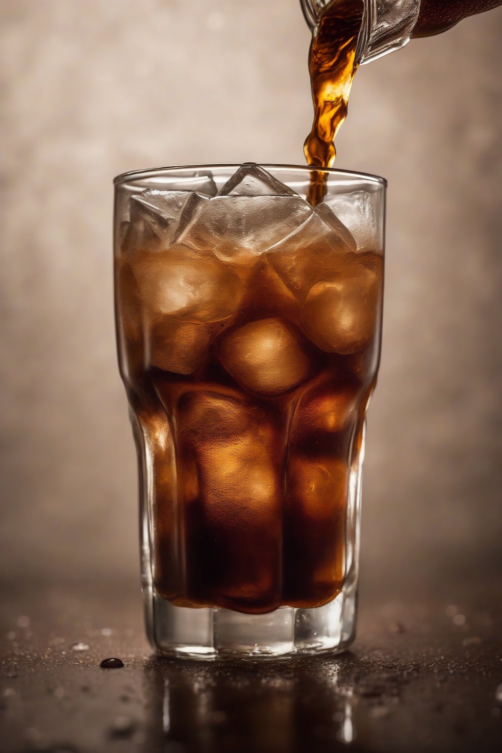 A high-resolution photo of a glass of classic cold brew coffee poured over ice, condensation beading on the glass, under soft lighting.