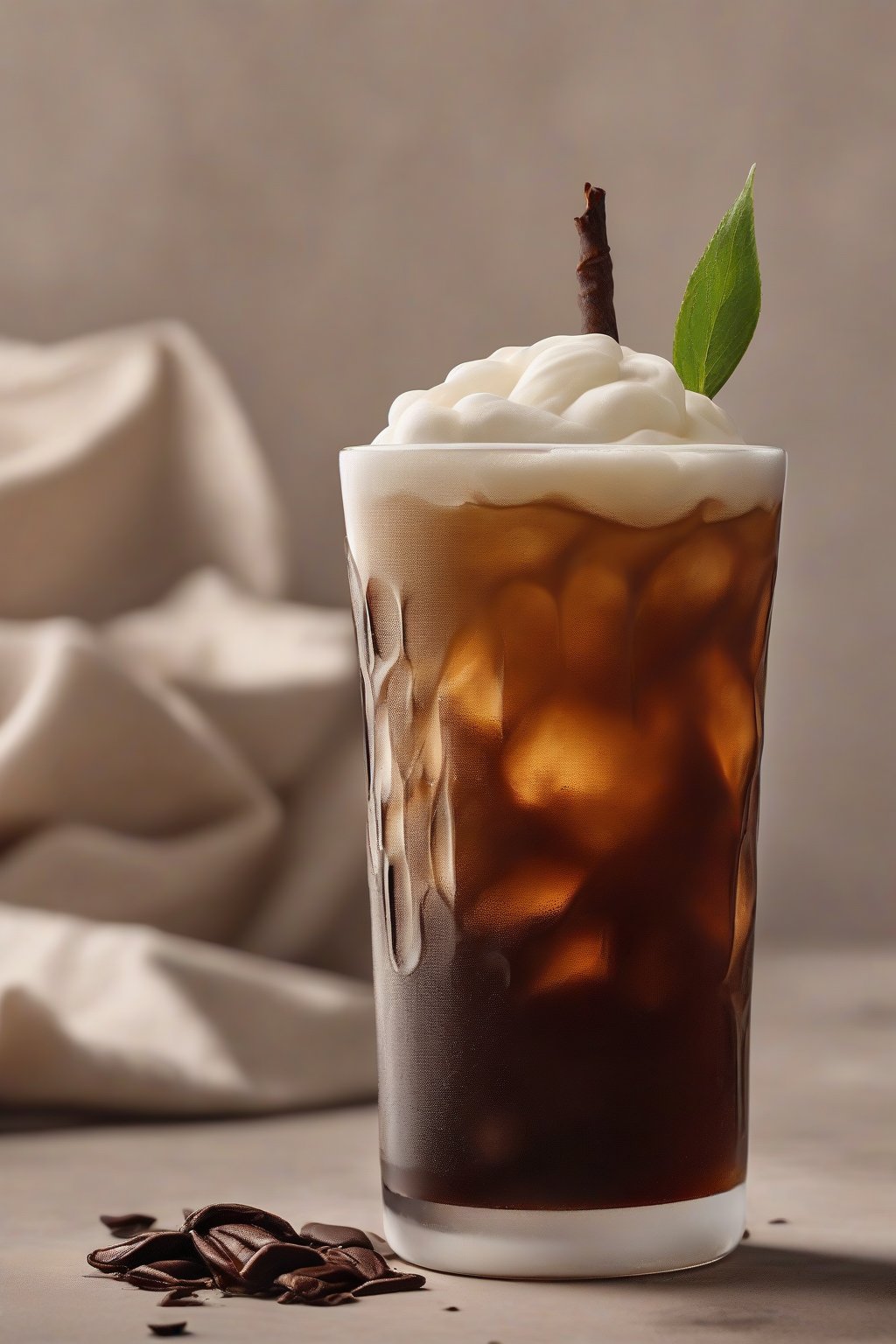 A high-resolution photo of vanilla cold brew in a tall glass with a vanilla pod garnish, subtle foam on top, under soft lighting.