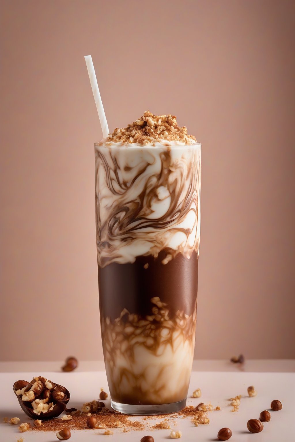 A high-resolution photo of chocolate hazelnut cold brew swirled with milk, topped with hazelnut crumbs, under soft lighting.