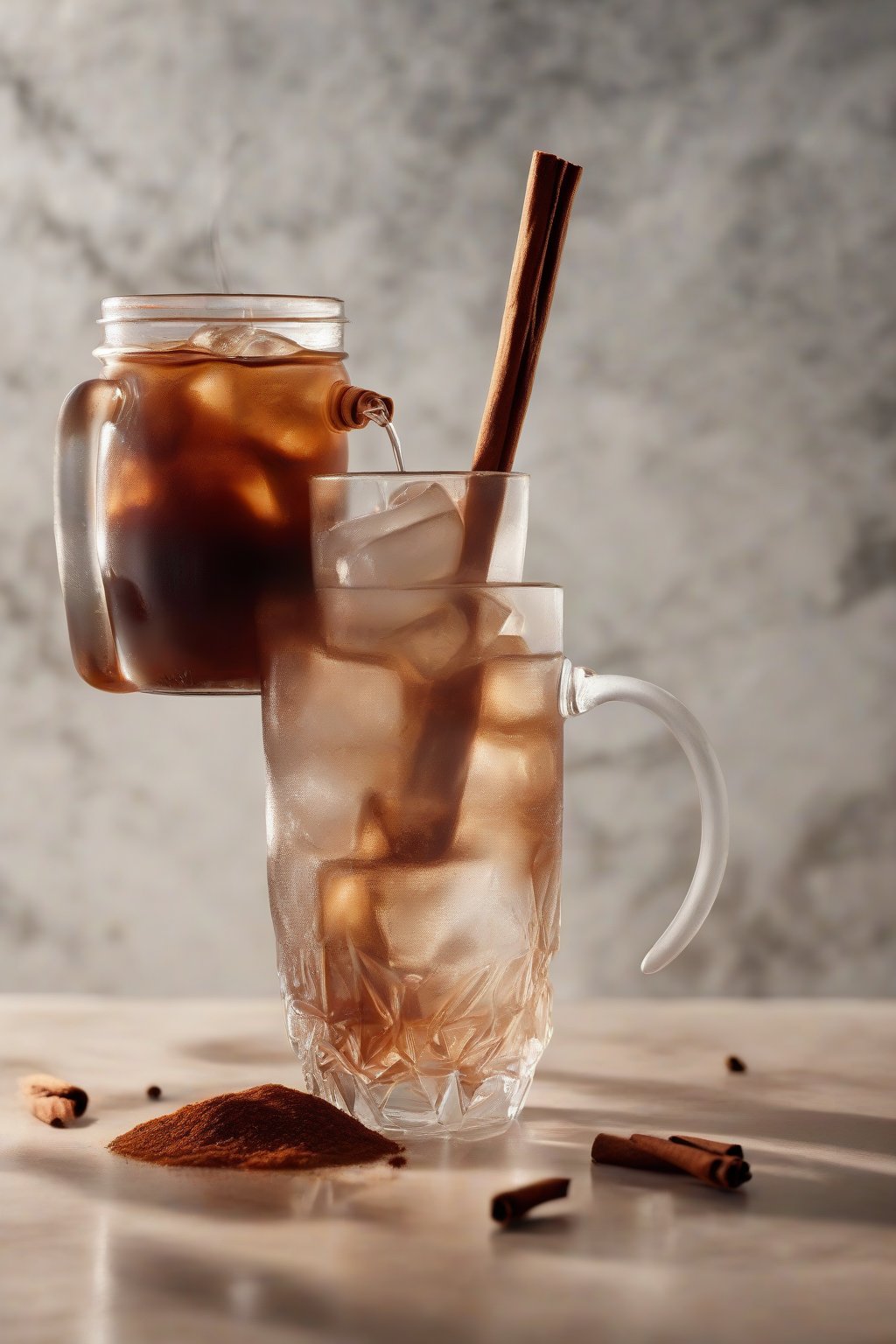 A high-resolution photo of cinnamon spice cold brew steaming gently over ice, with a cinnamon stick stirrer, under soft lighting.