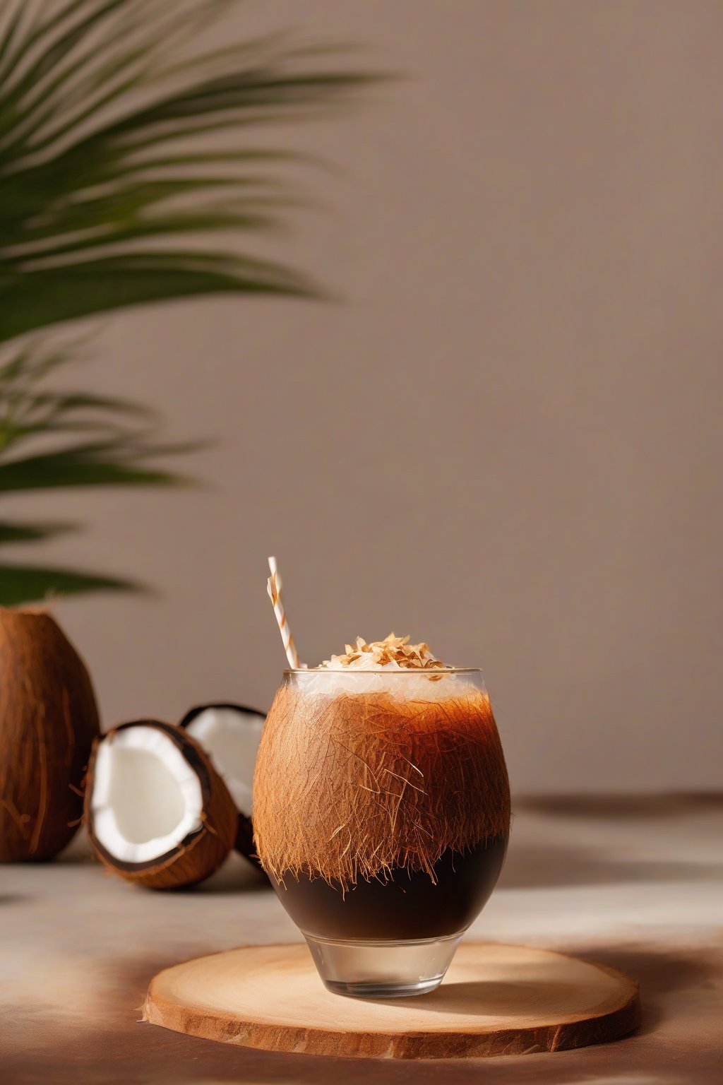 A high-resolution photo of coconut cold brew in a coconut shell glass, garnished with toasted flakes, under soft lighting.