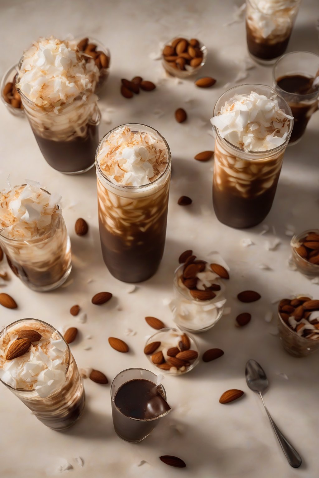 A high-resolution photo of almond joy cold brew layered with foam and coconut shavings, under soft lighting.