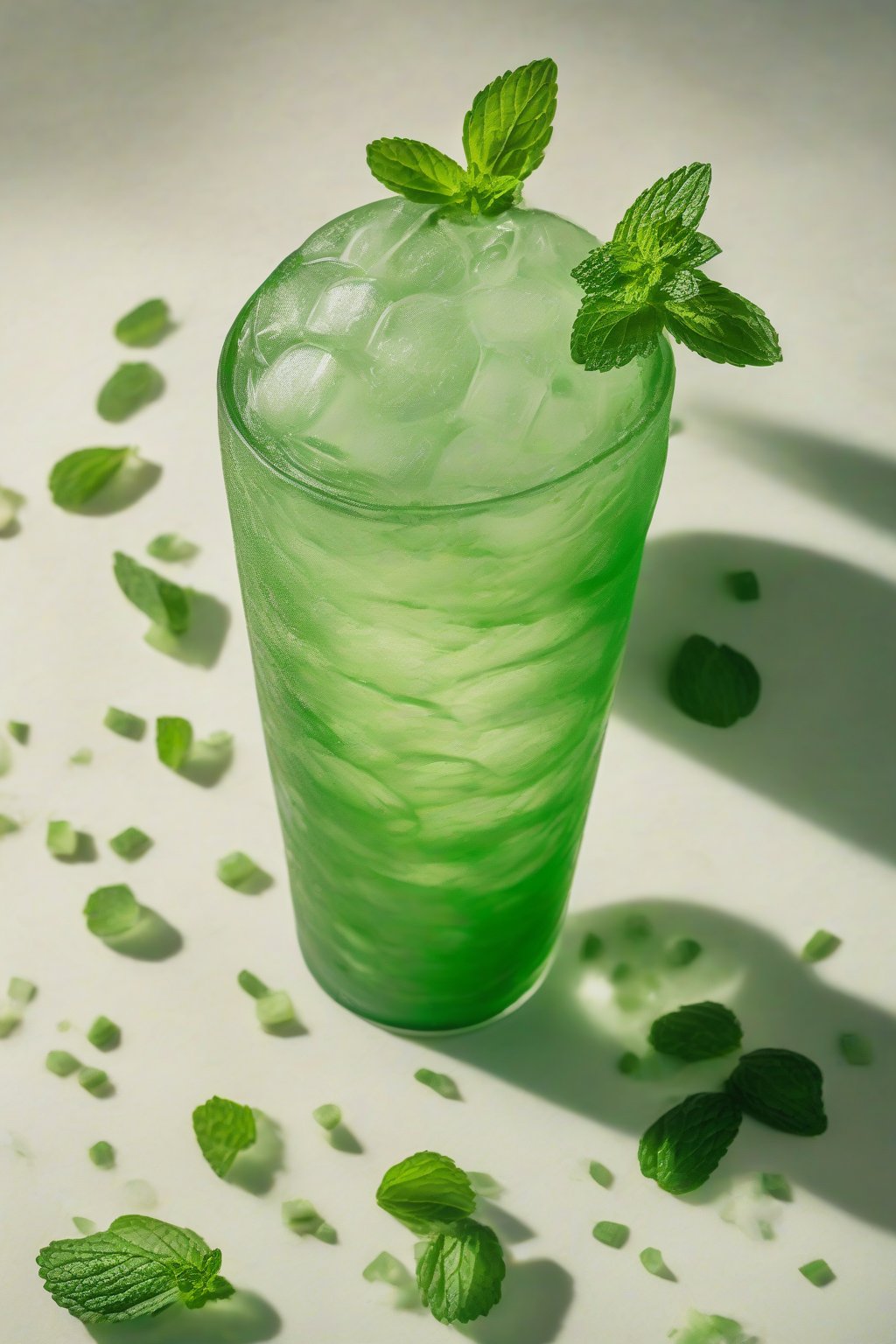 A high-resolution photo of matcha mint cold brew with green swirls and mint sprigs, served iced, under soft lighting.