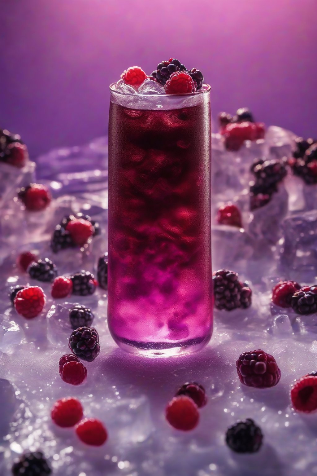 A high-resolution photo of berry cold brew with floating berries and purple hues, over ice, under soft lighting.