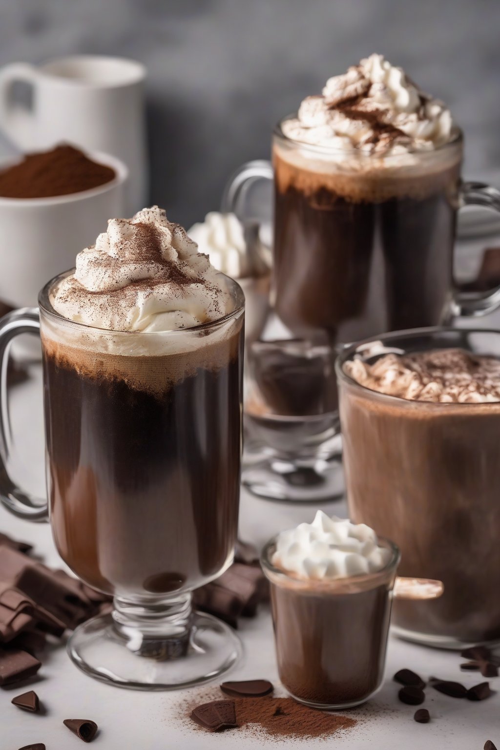 A high-resolution photo of mocha cold brew topped with whipped cream and cocoa dust, in a mugs, under soft lighting.