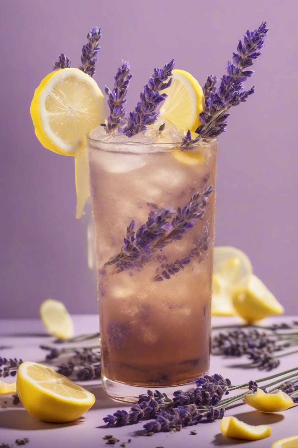 A high-resolution photo of lavender lemon cold brew with lemon slices and lavender buds, sparkling with fizz, under soft lighting.