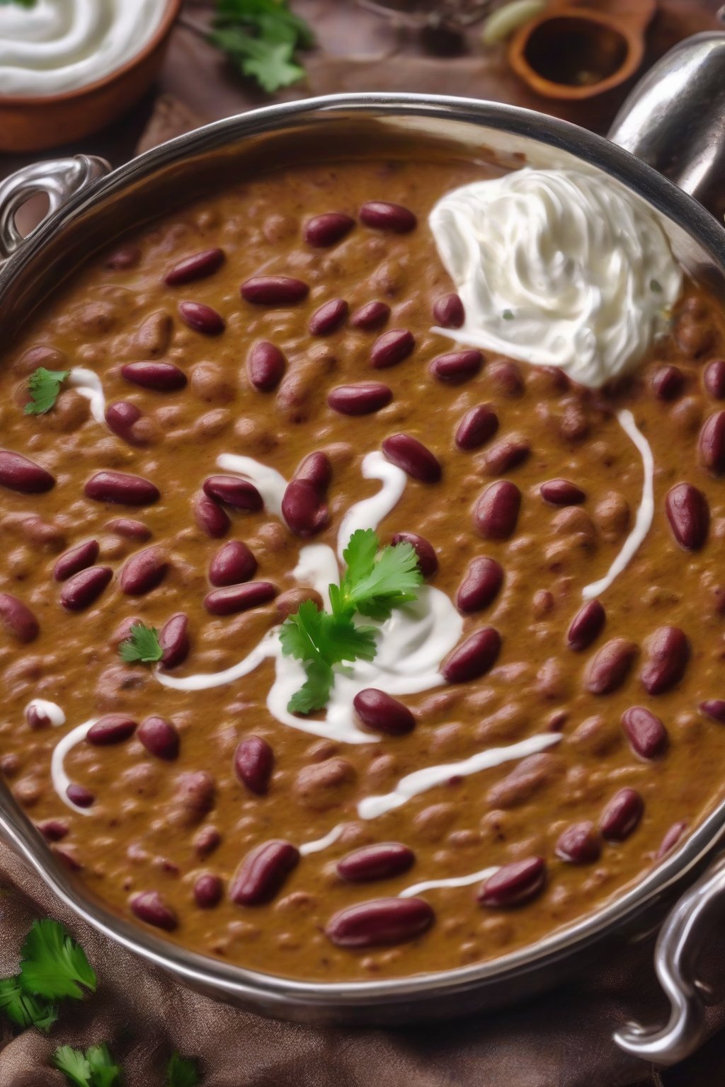 A close-up photo of buttery rajma dal makhani in a karahi, garnished with cream swirl, under soft lighting.