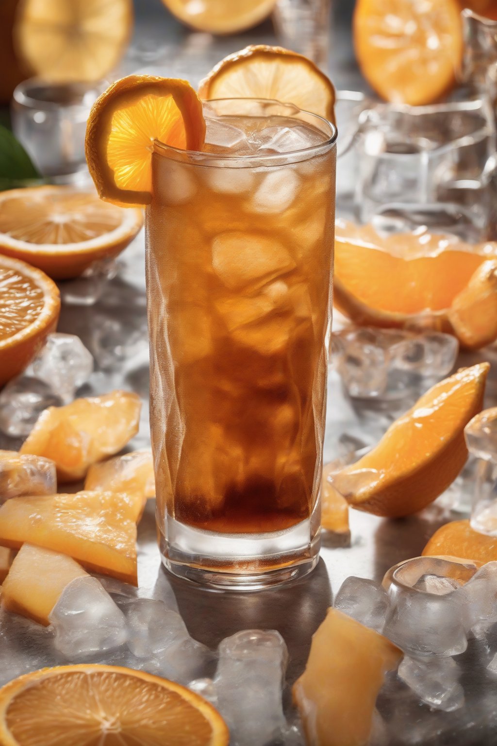 A high-resolution photo of orange ginger cold brew with orange wedges and ginger slices, vibrant and iced, under soft lighting.