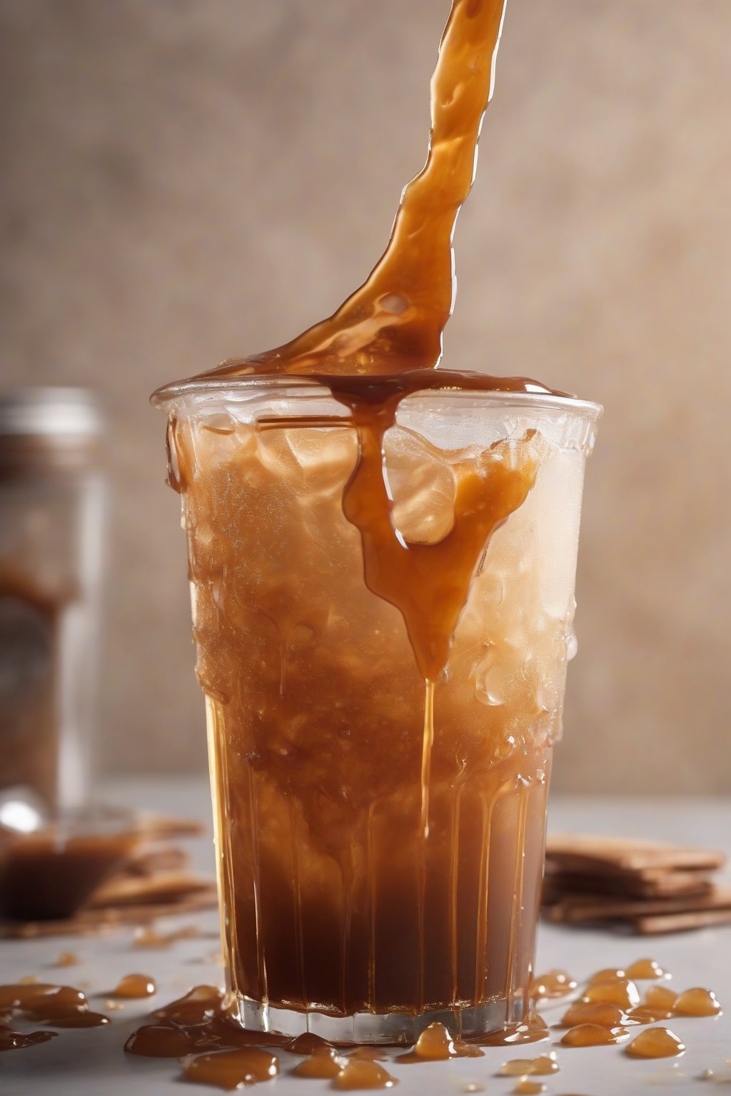 A high-resolution photo of salted caramel cold brew dripping with caramel drizzle and salt flakes, under soft lighting.