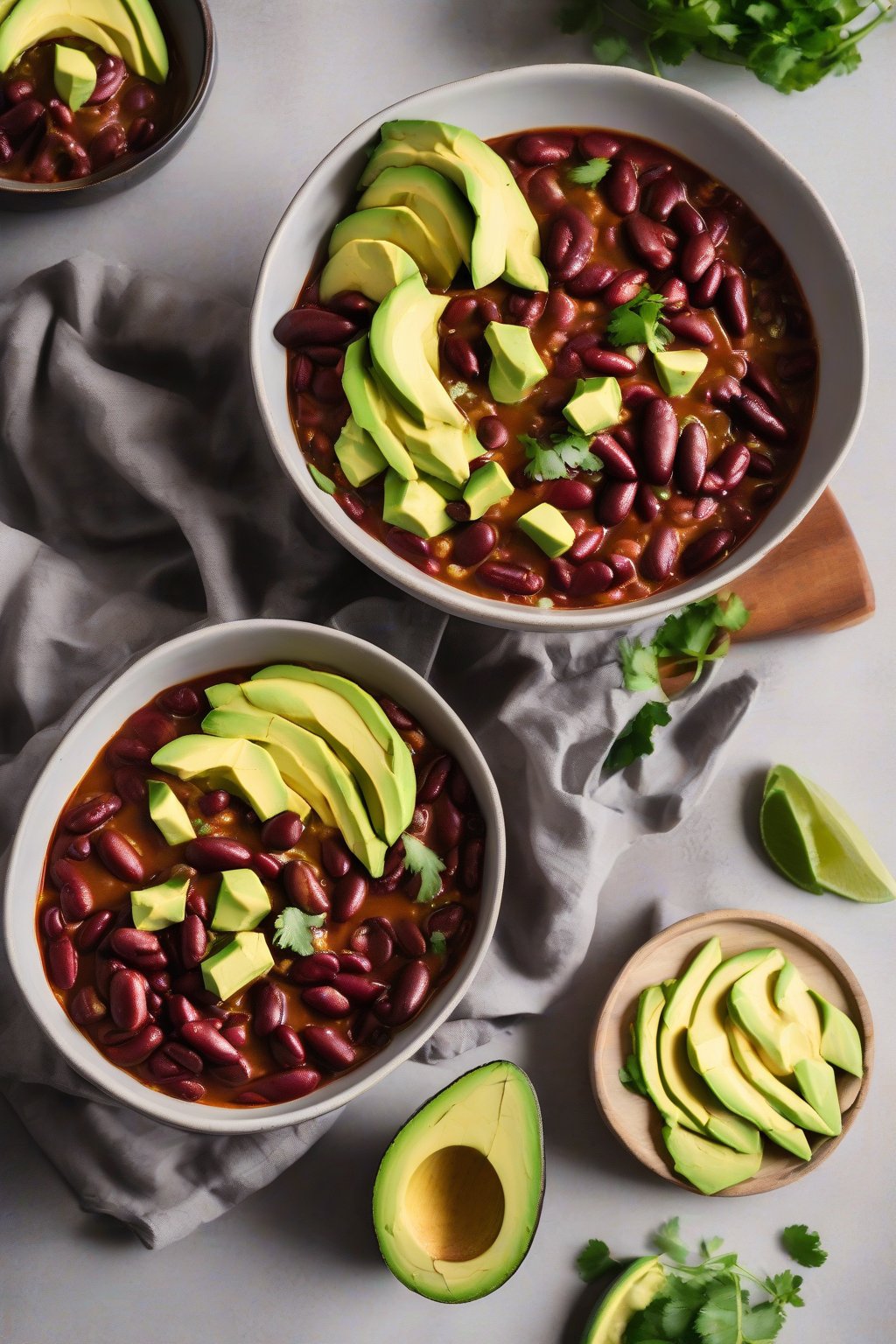A high-resolution photo of a steaming bowl of kidney bean chili topped with fresh avocado slices under soft lighting.