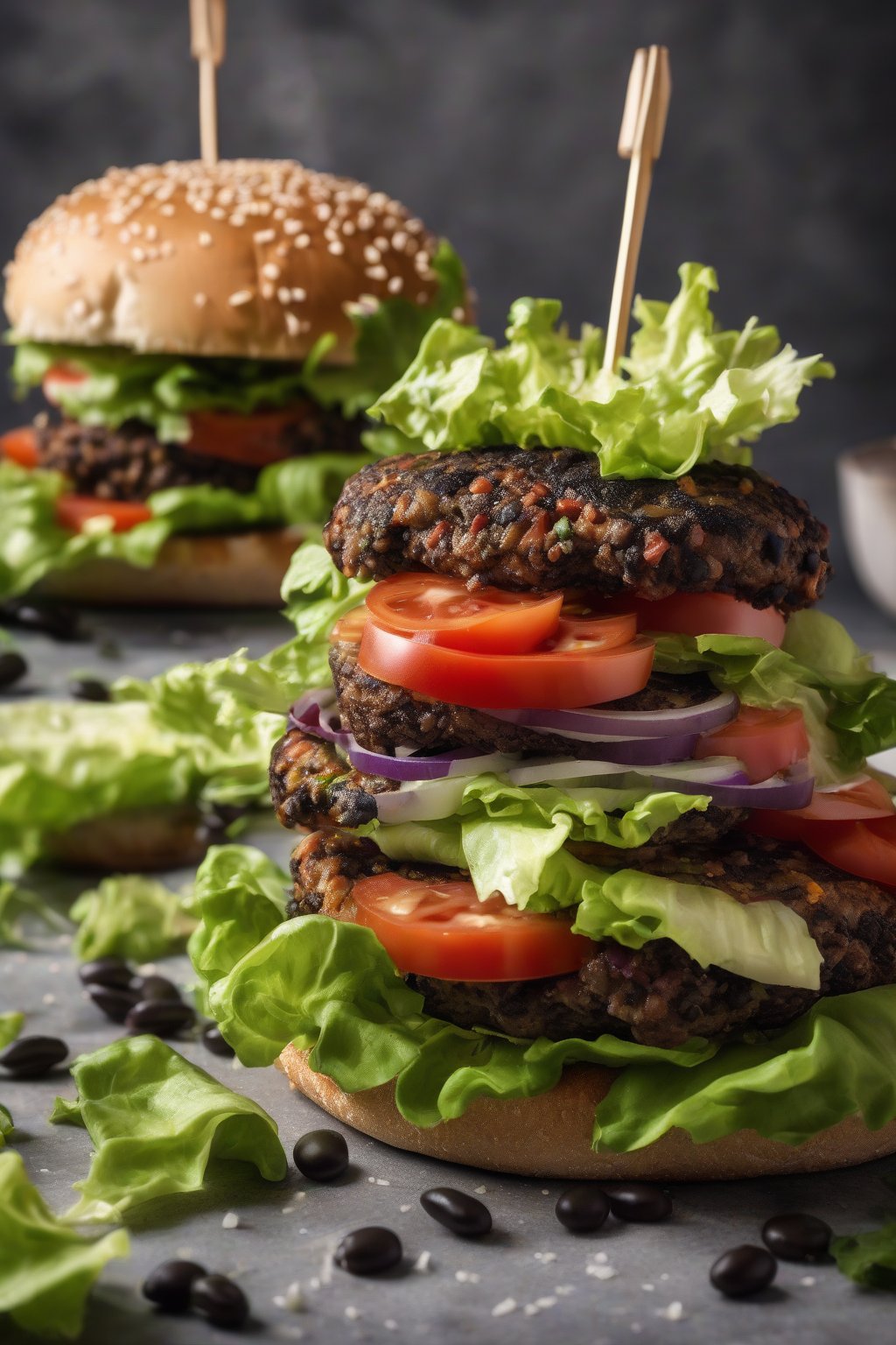 A high-resolution photo of a stacked black bean burger with lettuce and tomato on a bun under soft lighting.