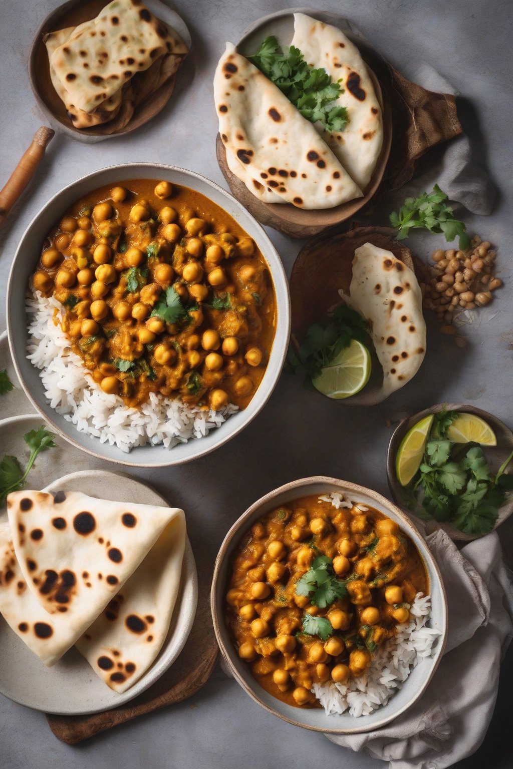 A high-resolution photo of chickpea curry in a bowl with rice and naan bread under soft lighting.