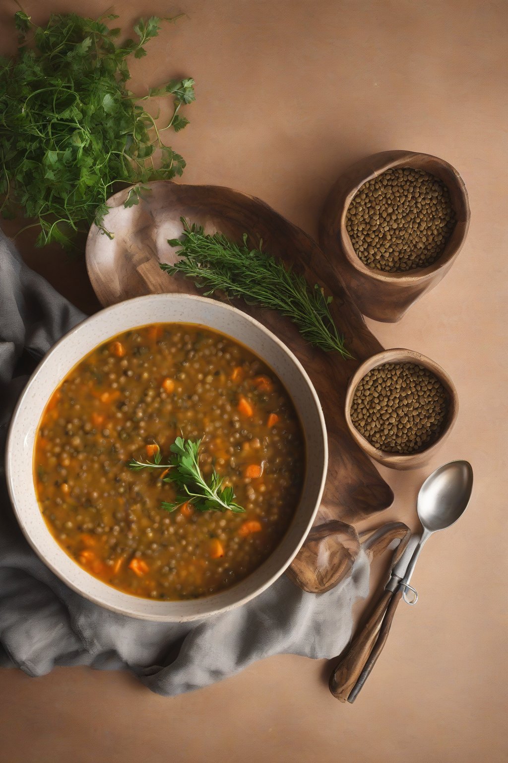 A high-resolution photo of a bowl of lentil soup garnished with herbs under soft lighting.