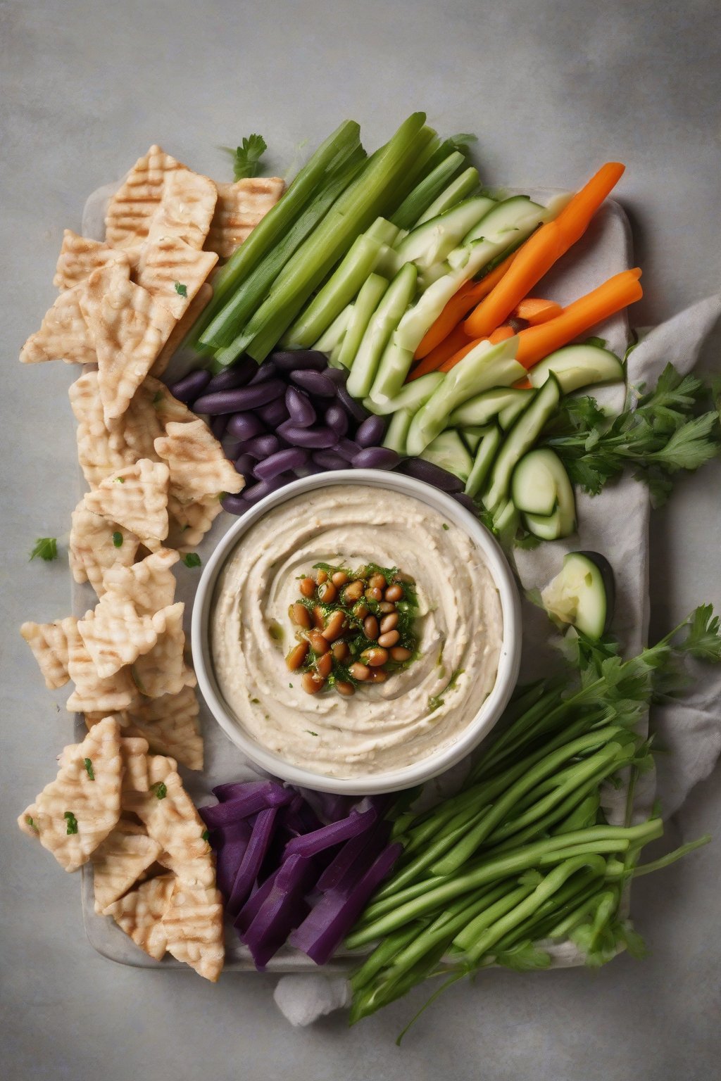 A high-resolution photo of white bean hummus in a bowl with veggie dippers under soft lighting.