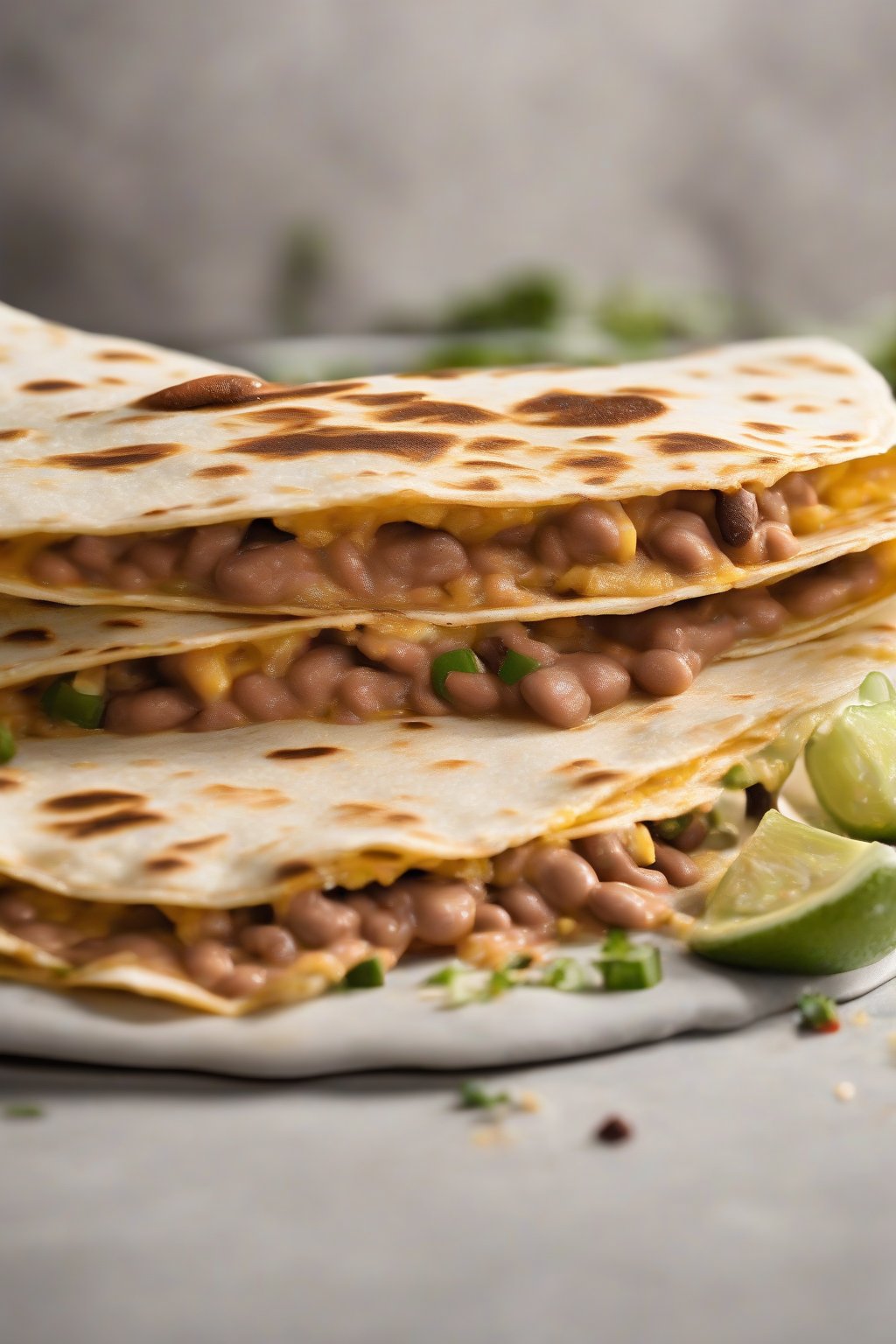 A high-resolution photo of a golden quesadilla sliced open revealing refried beans under soft lighting.