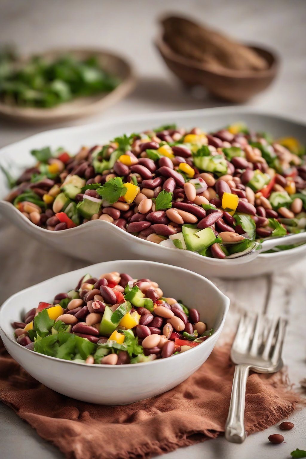 A high-resolution photo of a vibrant pinto bean salad in a white bowl under soft lighting.