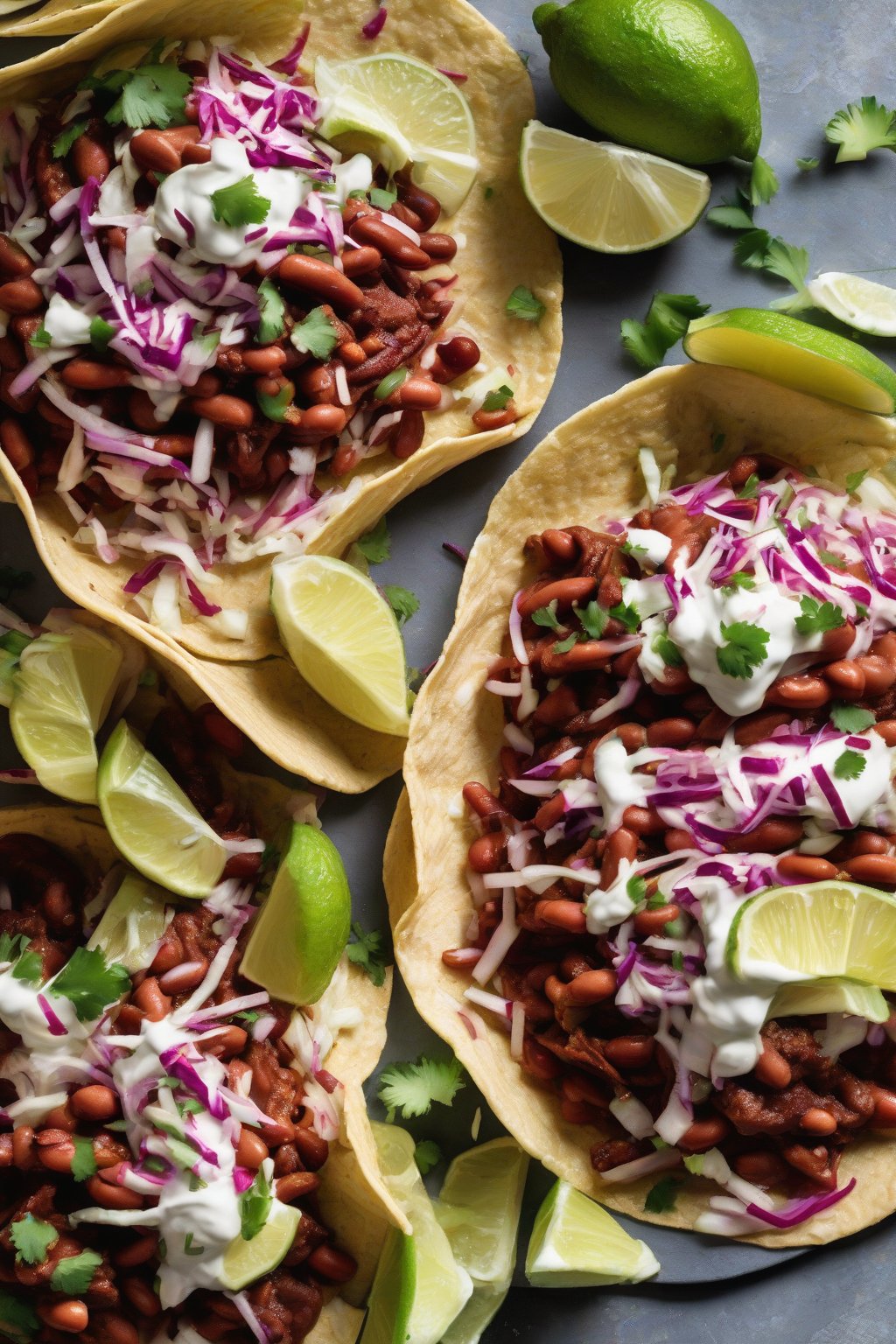 A high-resolution photo of open-faced spicy rajma tacos with fresh slaw and lime wedges, under soft lighting.