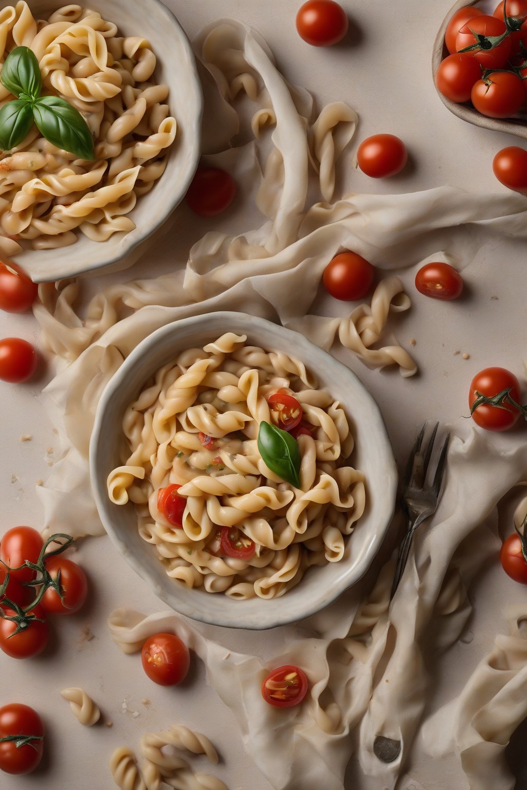 A high-resolution photo of twirled pasta with cannellini beans and tomatoes under soft lighting.