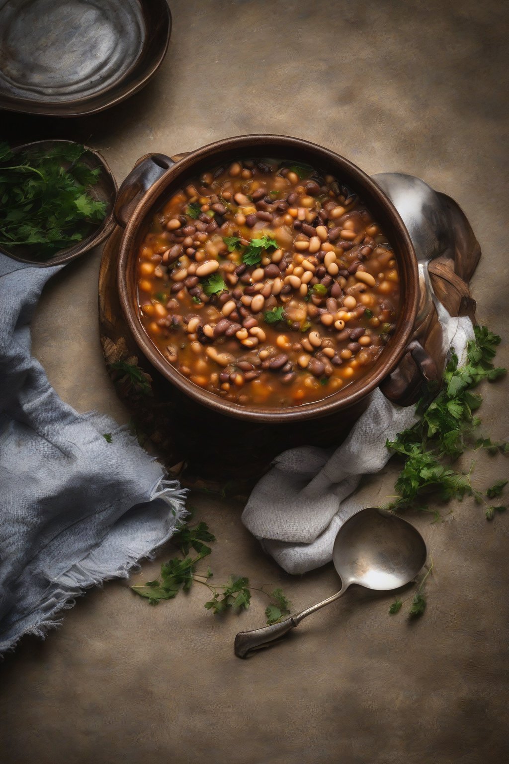 A high-resolution photo of black-eyed pea stew in a rustic bowl under soft lighting.