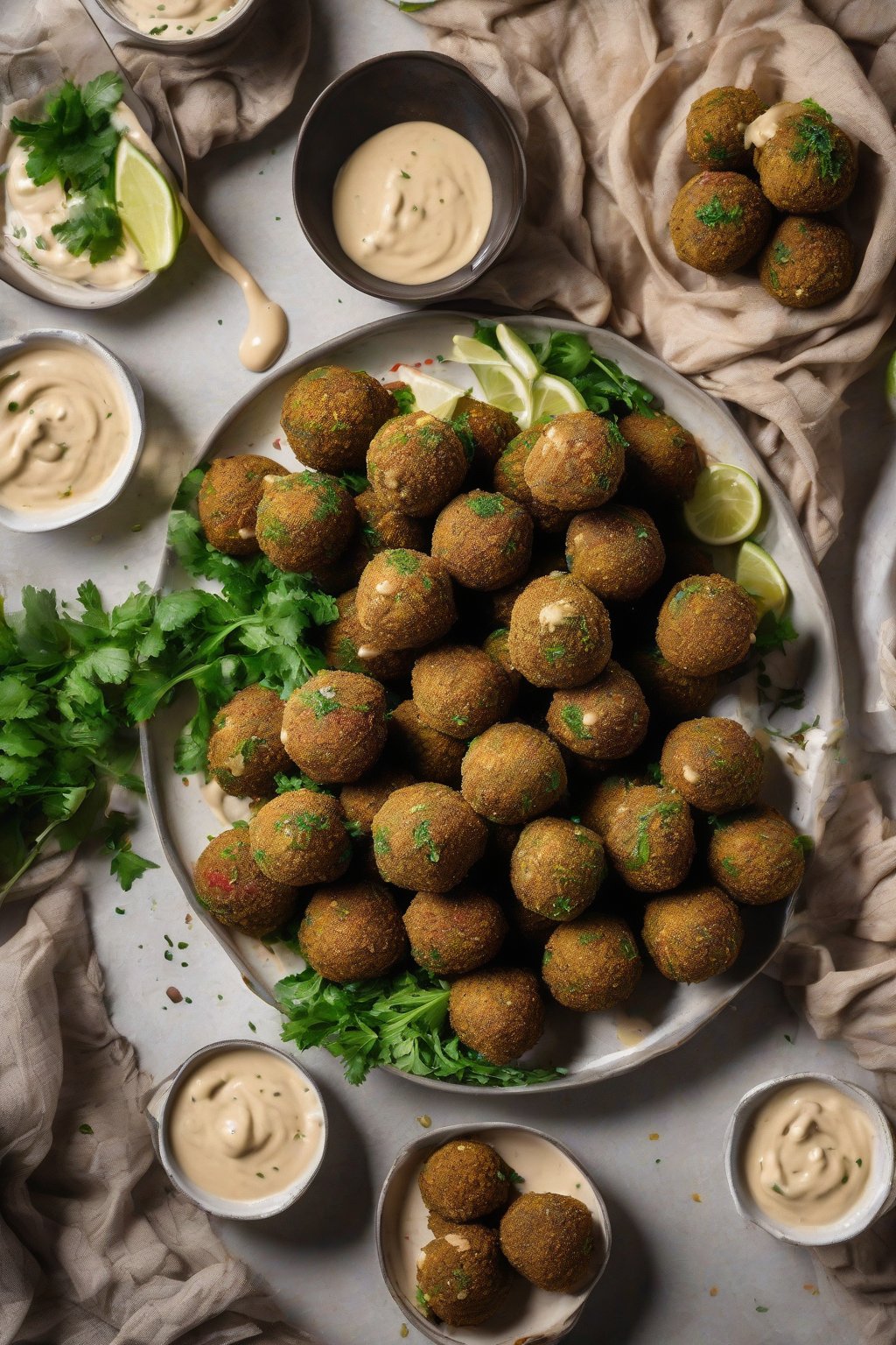A high-resolution photo of falafel balls on a platter with tahini drizzle under soft lighting.