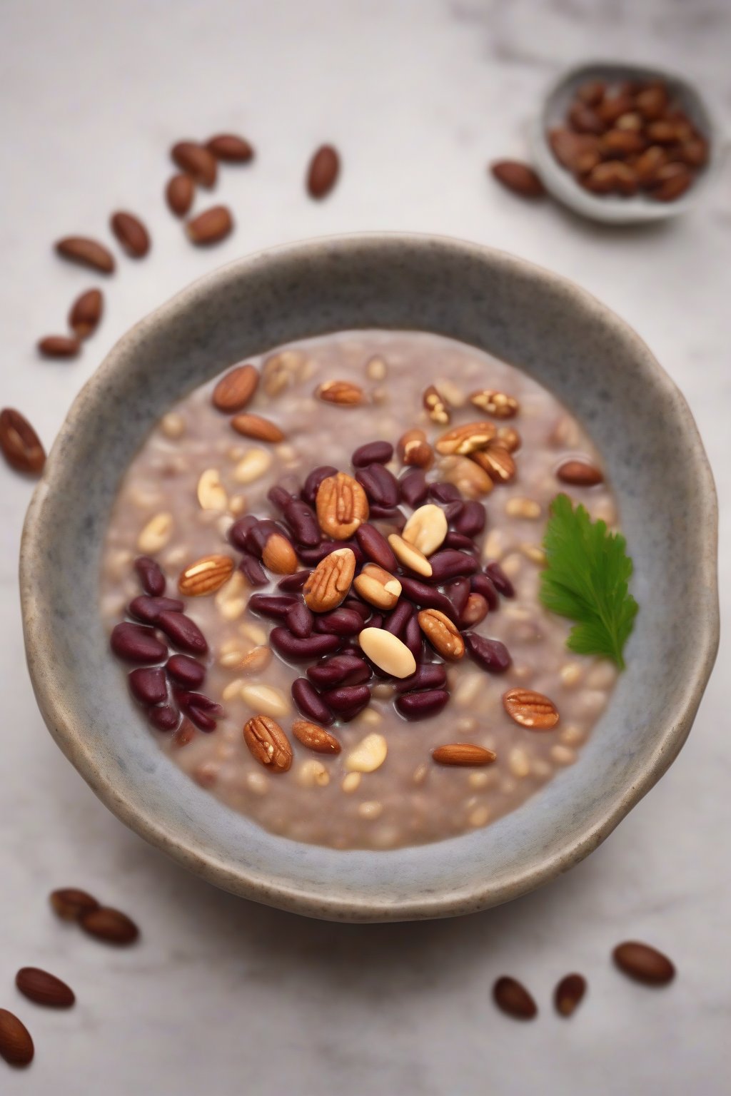A high-resolution photo of adzuki bean porridge topped with nuts under soft lighting.