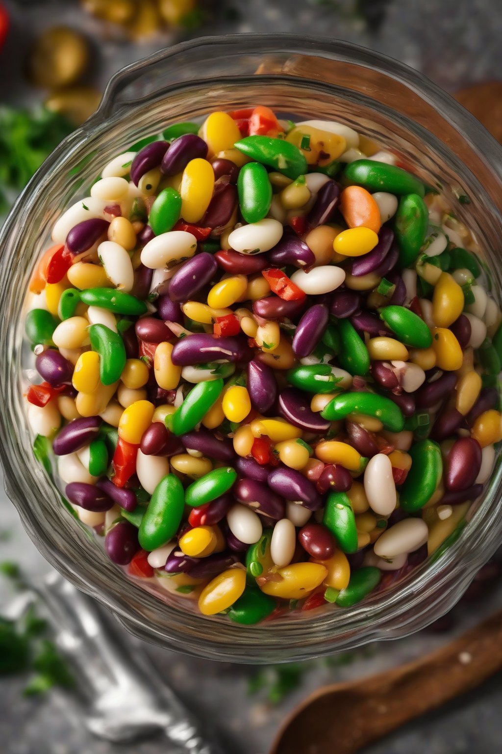 A high-resolution photo of colorful three-bean salad in a glass dish under soft lighting.