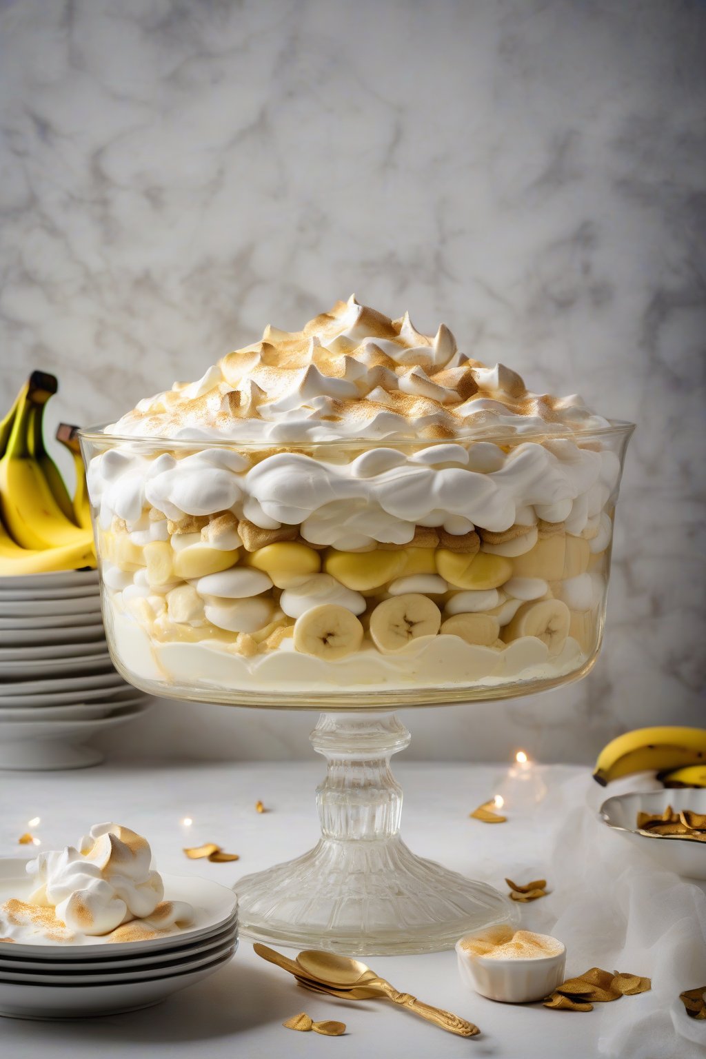 A high-resolution photo of classic Southern banana pudding layered in a glass trifle dish with golden meringue topping, under soft lighting.