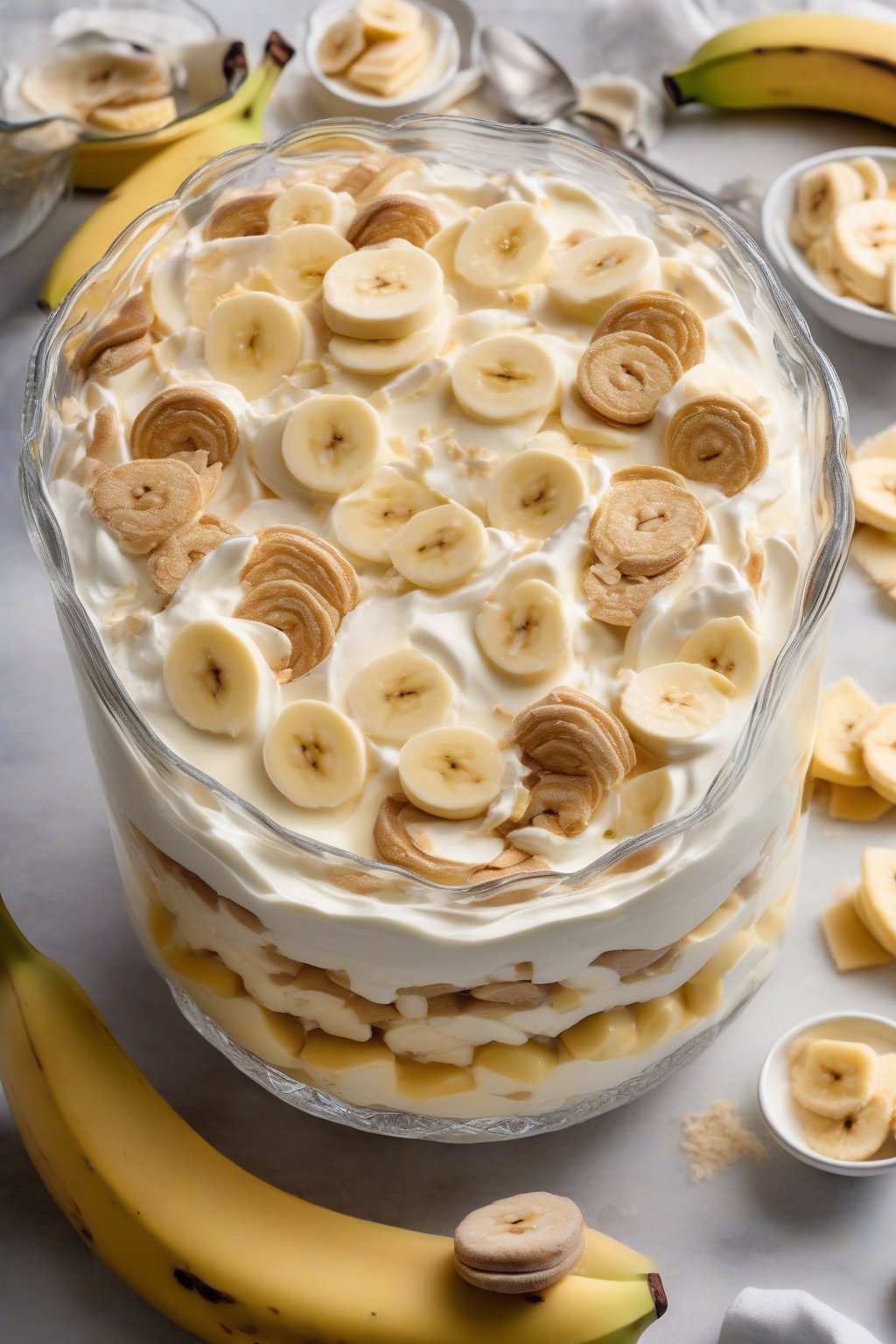 A high-resolution photo of Magnolia-style banana pudding in a clear bowl showing thick layers of cream, bananas, and wafers, under soft lighting.