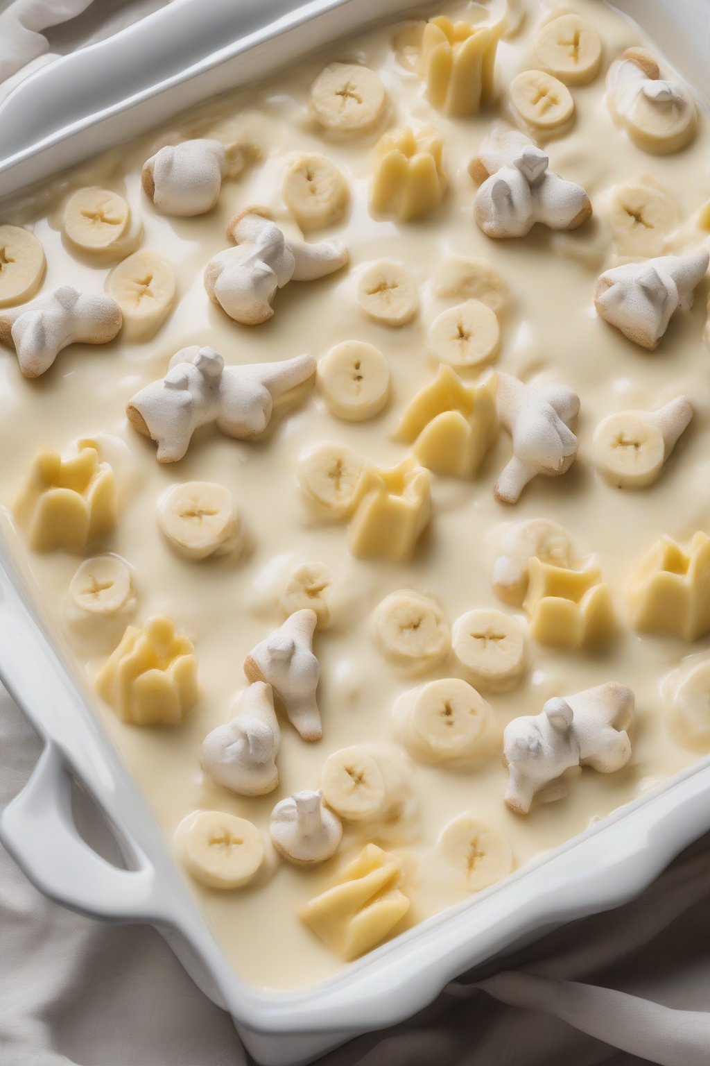 A high-resolution photo of banana pudding topped with whole Chessmen cookies and banana slices, in a white casserole dish, under soft lighting.