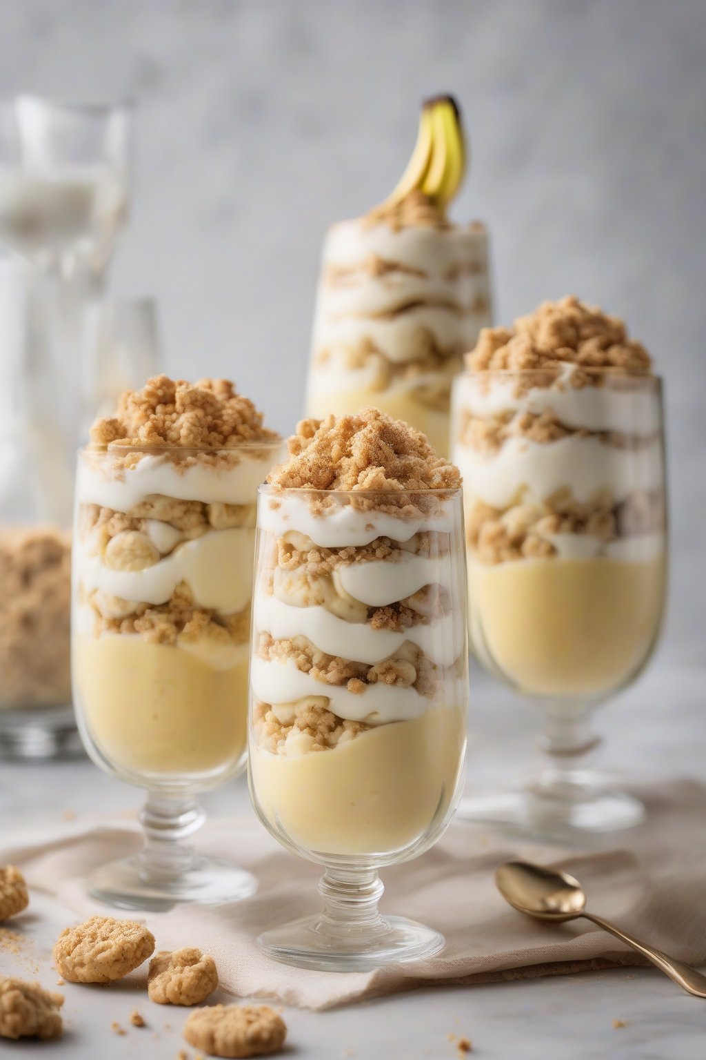 A high-resolution photo of banana pudding parfaits in tall glasses with visible layers and cookie crumb topping, under soft lighting.
