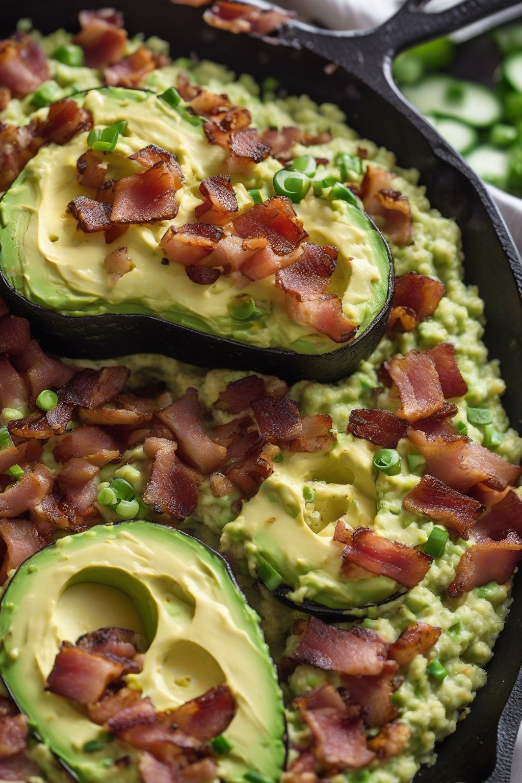 A high-resolution photo of savory bacon avocado mash topped with bacon crumbles and green onions, in a cast-iron skillet, under soft lighting.