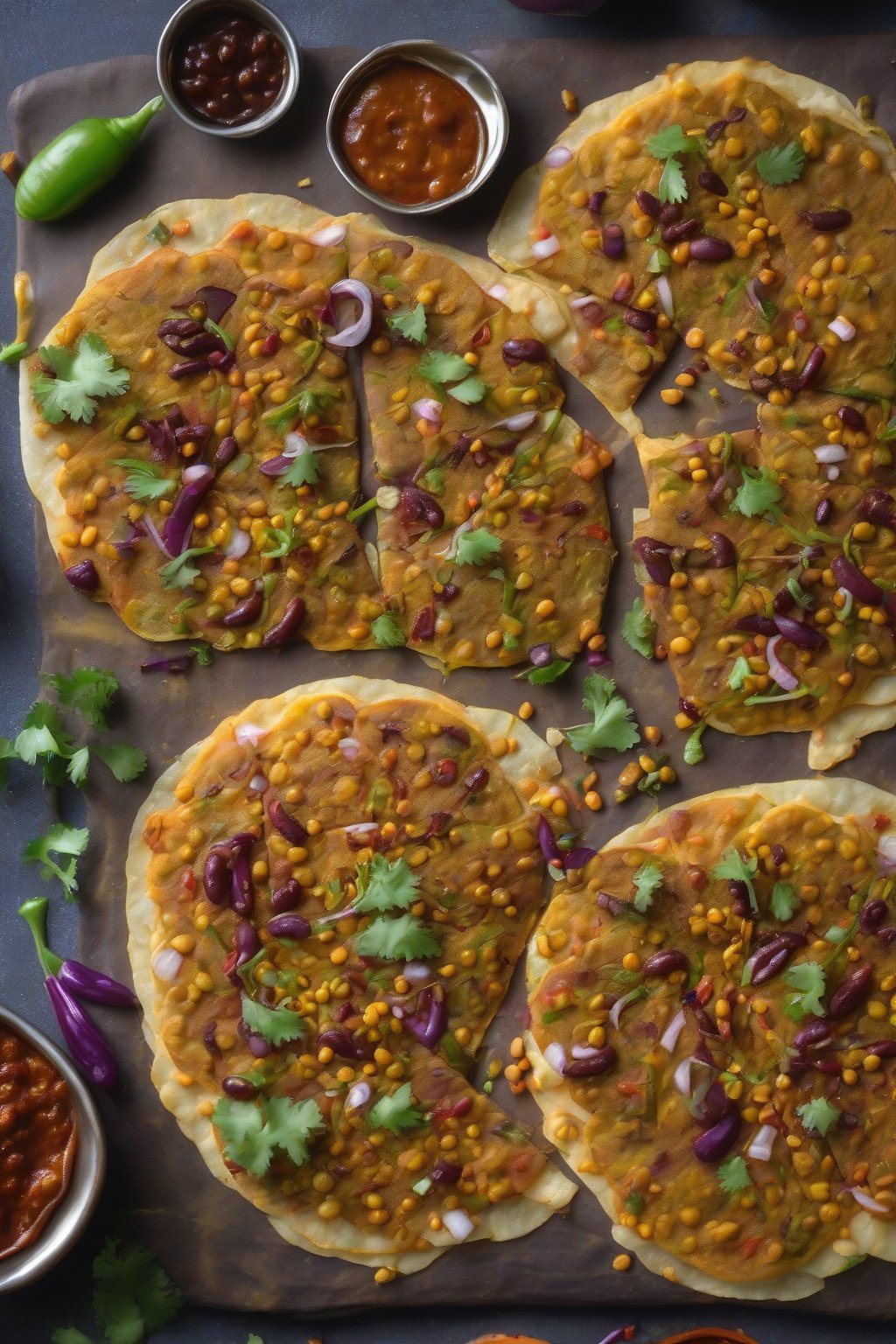 A close-up photo of golden rajma uttapam topped with veggies and chutney, crispy edges, under soft lighting.