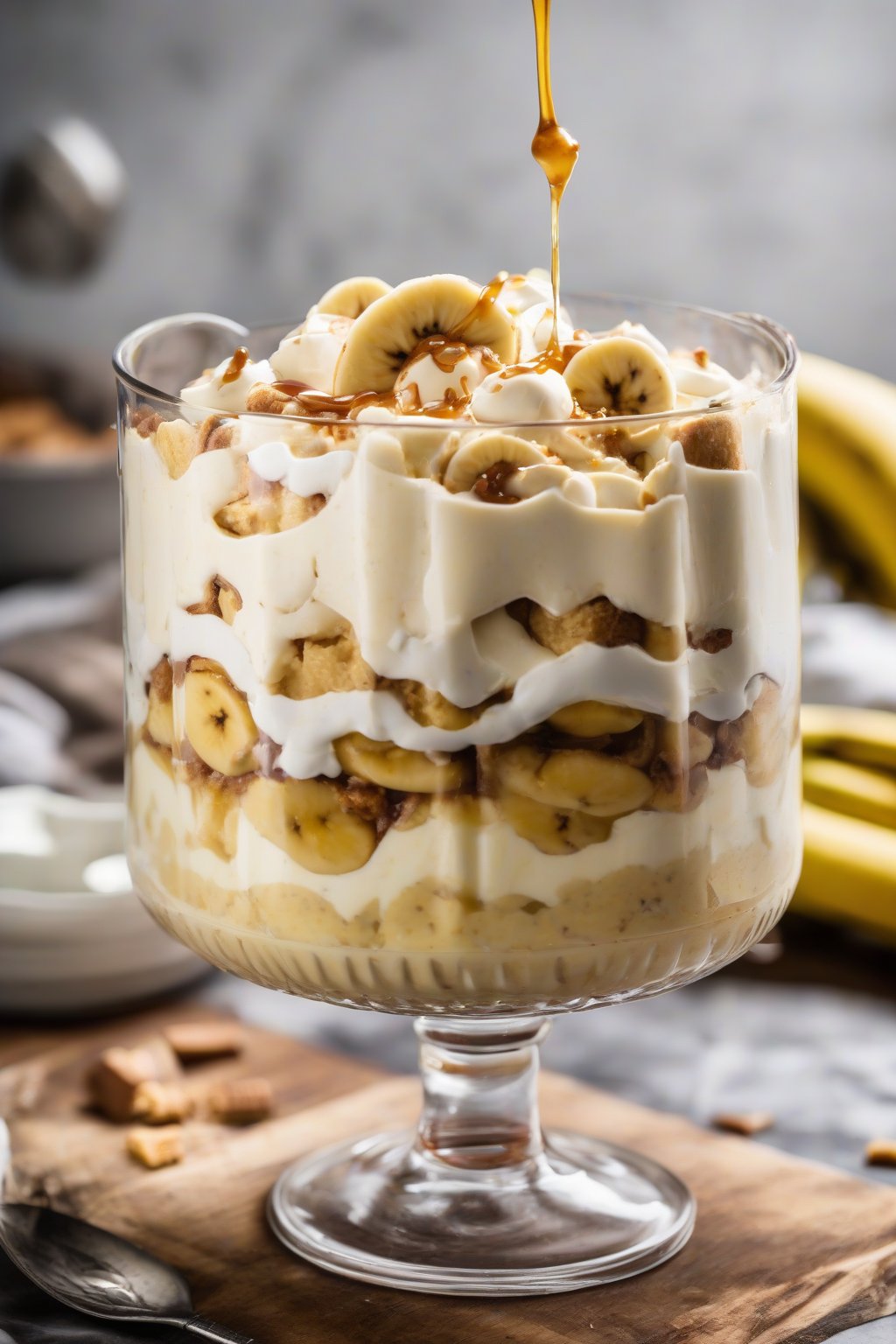 A high-resolution photo of bourbon banana pudding in a trifle bowl with a splash of bourbon drizzle on top, under soft lighting.